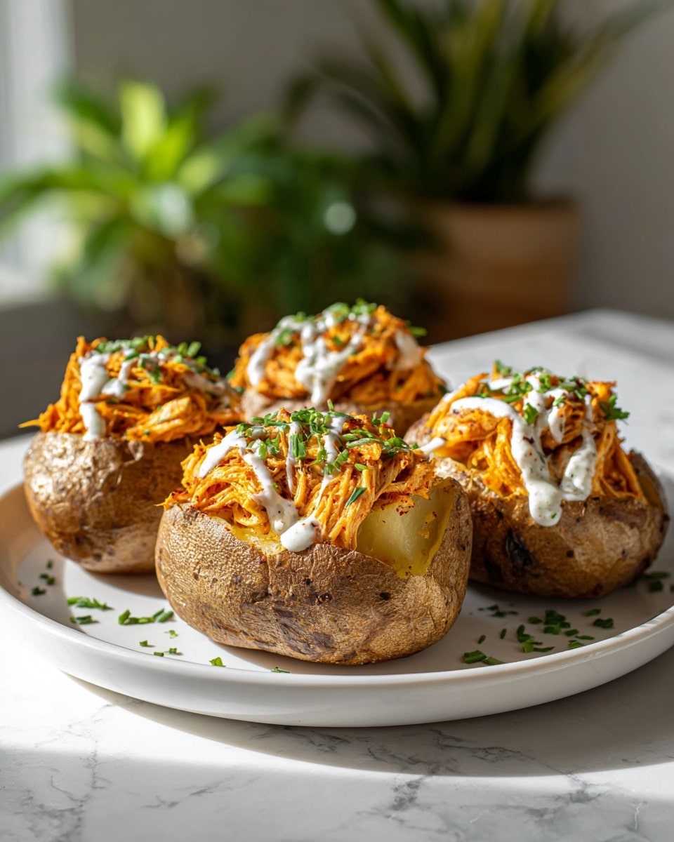 The dish shows six baked potatoes with rough brown skins placed on a large white plate. Each potato is opened on top, revealing fluffy yellow inside with a layer of orange spiced chicken chunks covering the filling. On top of the chicken, there are thin white drizzles of sauce and green chopped herbs sprinkled all over, adding color contrast. The plate sits on a white marbled surface, with some more green herbs scattered around for decoration. The photo taken with an iphone --ar 4:5 --v 7