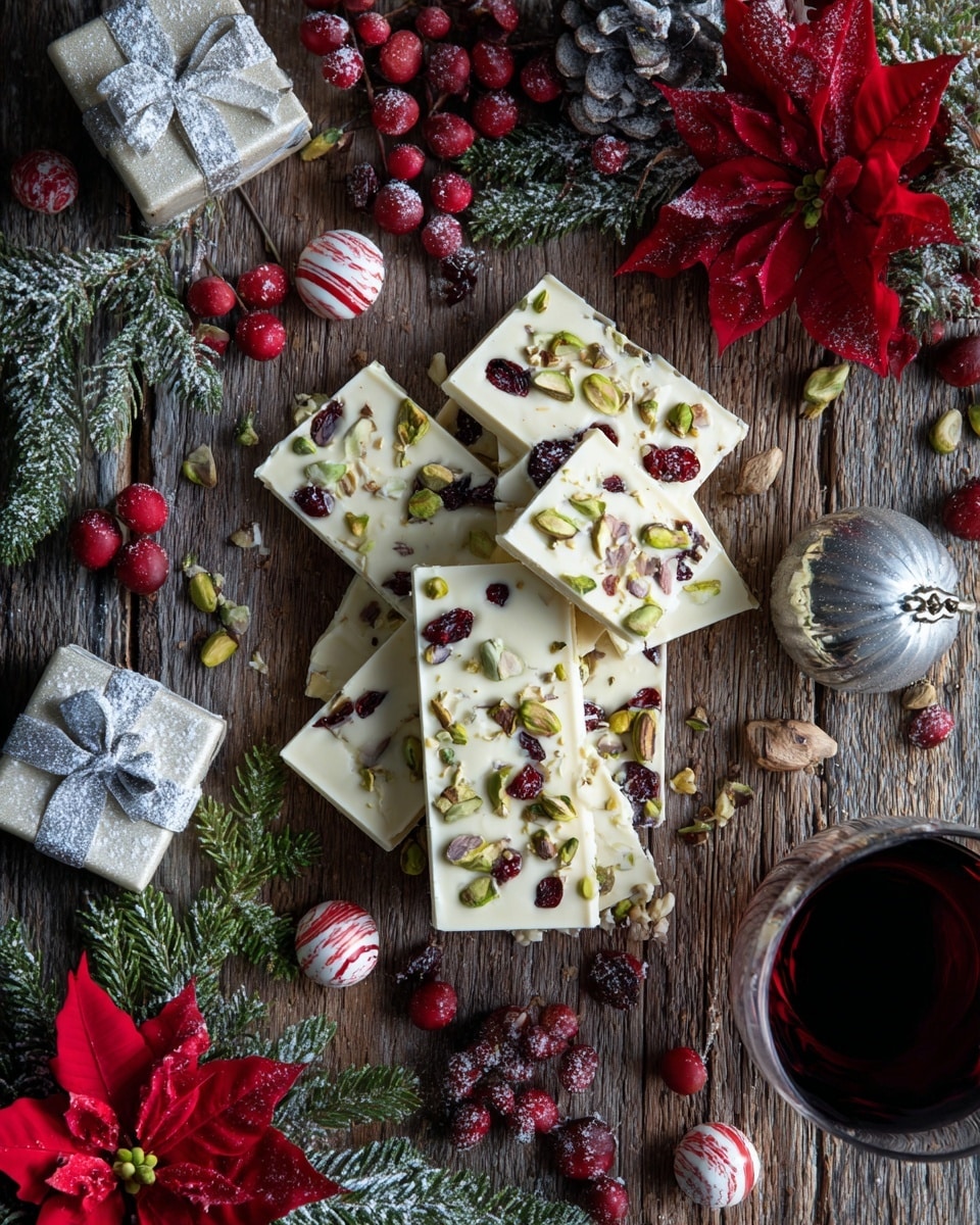 Several pieces of white chocolate bark with scattered pistachios and dried red berries are spread unevenly across a rustic wooden surface. Among the pieces are green pine branches dusted lightly with snow and clusters of bright red berries, some pine cones, and a large red poinsettia flower adding festive colors. A few small candy-like balls with red and white stripes, a miniature silver gift box, and a round silver Christmas ornament also decorate the scene. At the bottom right corner, the edge of a dark drink in a clear glass is visible. The whole scene has a warm, cozy, and holiday feel. Photo taken with an iphone --ar 4:5 --v 7