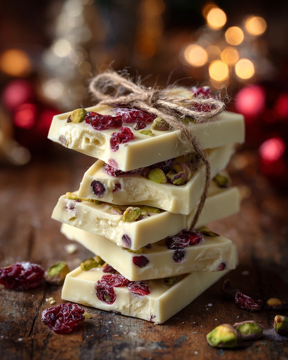 A stack of seven irregular white chocolate bark pieces tied together with a rough brown string, each layer decorated with dark red dried berries and greenish-brown nuts scattered unevenly across the surface. The bark has a smooth, creamy white texture with vibrant red and green toppings that add color and roughness. The stack is placed on a wooden surface, with more bark pieces blurred in the background alongside an out-of-focus glass jar filled with a dark green liquid, all set against a white marbled texture. Photo taken with an iphone --ar 4:5 --v 7