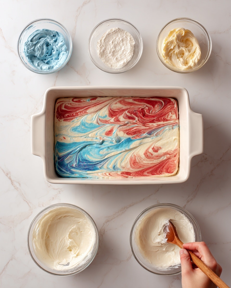A white baking dish filled with a colorful layered cake, showing a marbled mix of red and blue swirls on the top layer, which appears somewhat firm and has small holes poked across the surface; underneath, layers of thick smooth white cream and a light, airy white batter are visible in earlier images. The dish shows multiple steps: starting with bowls of dry ingredients and liquids, then separate bowls of blue and red colored batter with a creamy texture, followed by the red and blue batters dolloped over a white batter base in the dish. After baking, the vibrant blue and red swirled layer sits on the bottom before a creamy white layer is added on top and finally covered with a smooth, thick white frosting evenly spread on the surface. All images are set on a white marbled texture surface, and a woman's hand is seen holding a wooden spoon mixing a batter in a clear glass bowl. Photo taken with an iphone --ar 4:5 --v 7