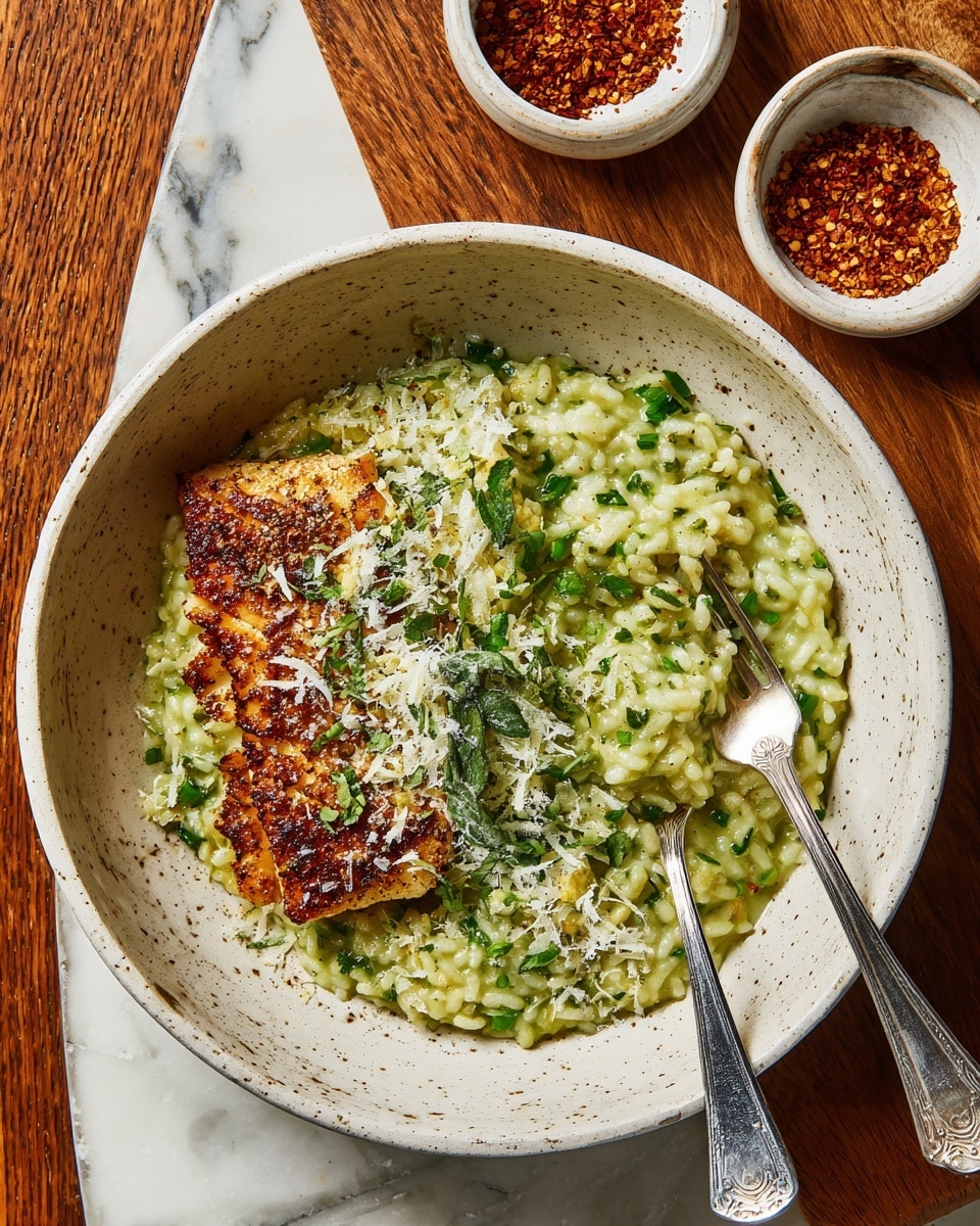 In a white bowl on a white marbled surface, there is a dish with two main layers: the bottom layer is bright green risotto with a creamy texture, mixed with leafy greens visible throughout, and the top layer is a golden-brown, crispy cooked fish piece, sprinkled with finely grated white cheese and small green herb pieces. Two metal spoons rest on the side inside the bowl, slightly immersed in the risotto. In the background, small white bowls with reddish-brown sprinkled spices are slightly blurred. Photo taken with an iphone --ar 4:5 --v 7