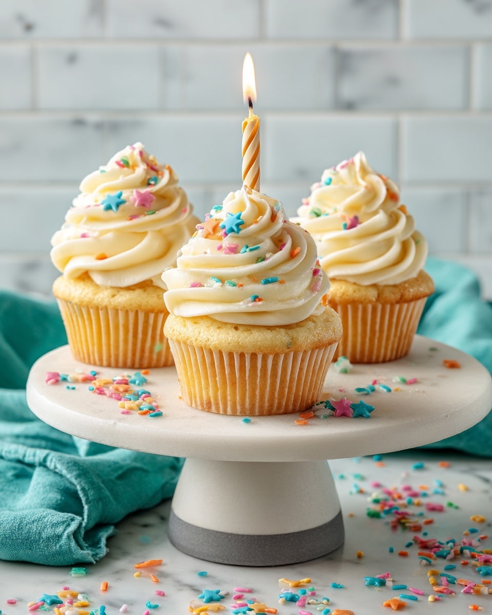 Three yellow cupcakes with smooth swirls of white frosting on top sit on a white cake stand. The frosting is decorated with small round sprinkles in various colors like pink, blue, and green. A single thin lit candle stands in the middle cupcake. The cake stand is placed on a white marbled surface with more cupcakes and scattered colorful sprinkles around it. The background is white tiled wall. Photo taken with an iphone --ar 4:5 --v 7