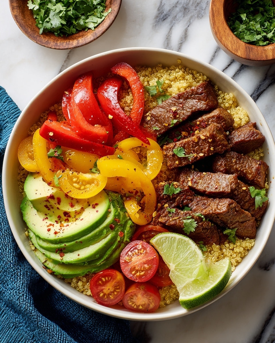 A white bowl filled with four main layers: the bottom layer is fluffy cooked quinoa with a pale yellow color and a grainy texture, topped with slices of cooked dark brown beef placed in the center. Around the beef are strips of bright red cooked bell pepper and halved cherry tomatoes in red and yellow, adding a juicy and soft texture. On one side, there is a fan of light green avocado slices with a creamy texture. A wedge of lime with a light green rind and juicy light yellow inside is placed next to the avocado. The whole dish is sprinkled with chopped green cilantro and red chili flakes for color and texture contrast, all set on a white marbled surface with some lime wedges and a small wooden bowl with green herbs blurred in the background. Photo taken with an iphone --ar 4:5 --v 7