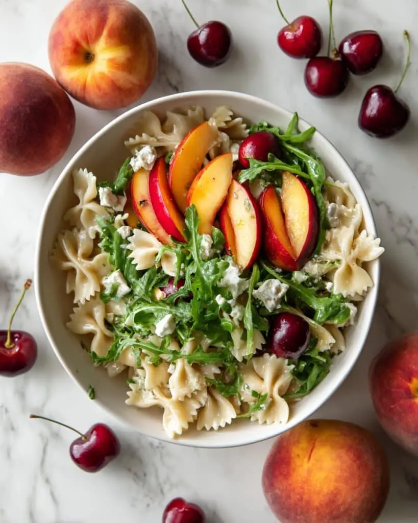 Stone Fruit Pasta Salad with Cherries, Peaches, Feta, and Arugula Recipe