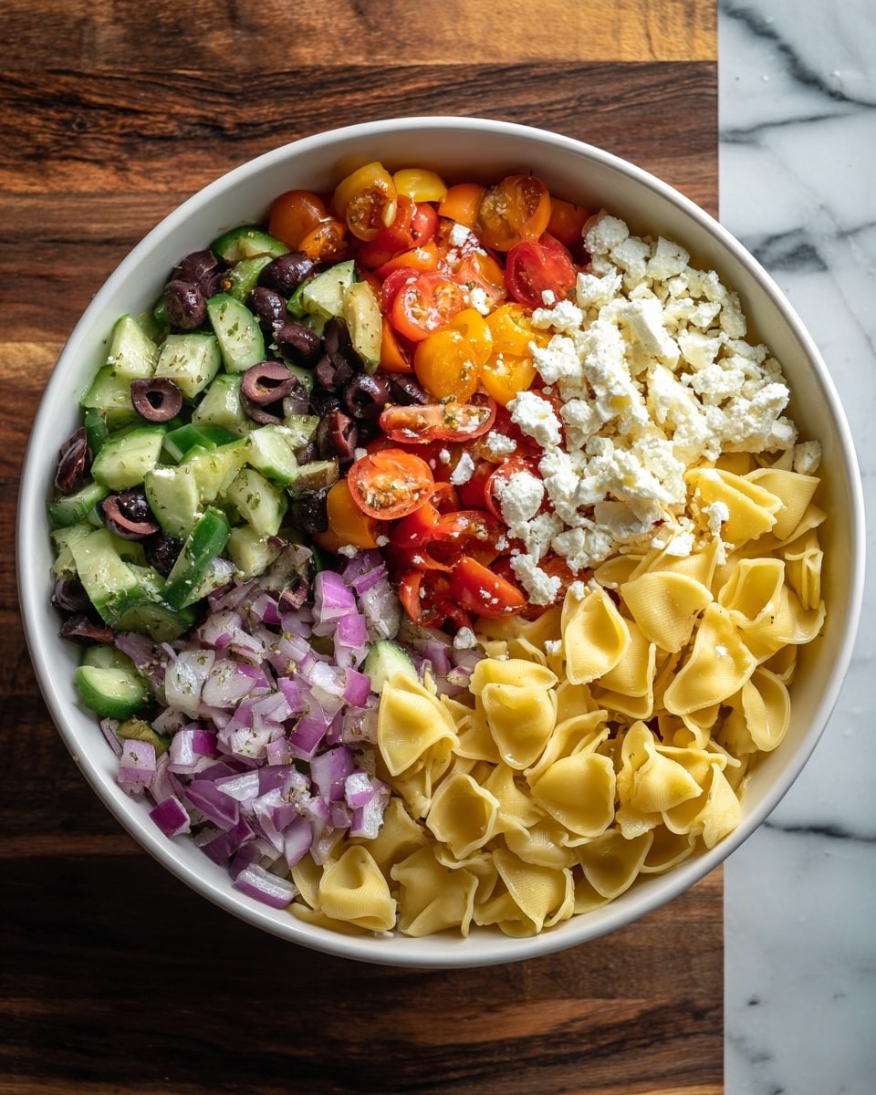 A bowl filled with a colorful pasta salad showing two main layers: the bottom layer made of light yellow, square-shaped pasta with ridged edges, and the top layer consisting of bright, chopped vegetables and small cheese pieces. The vegetables include red and orange cherry tomato halves, green cucumber chunks, sliced black and green olives, diced red onion, and bits of red bell pepper. Crumbled white cheese is scattered evenly on top. The salad is served in a white bowl set on a dark wooden surface with a white marbled texture visible around the edges. Photo taken with an iphone --ar 4:5 --v 7