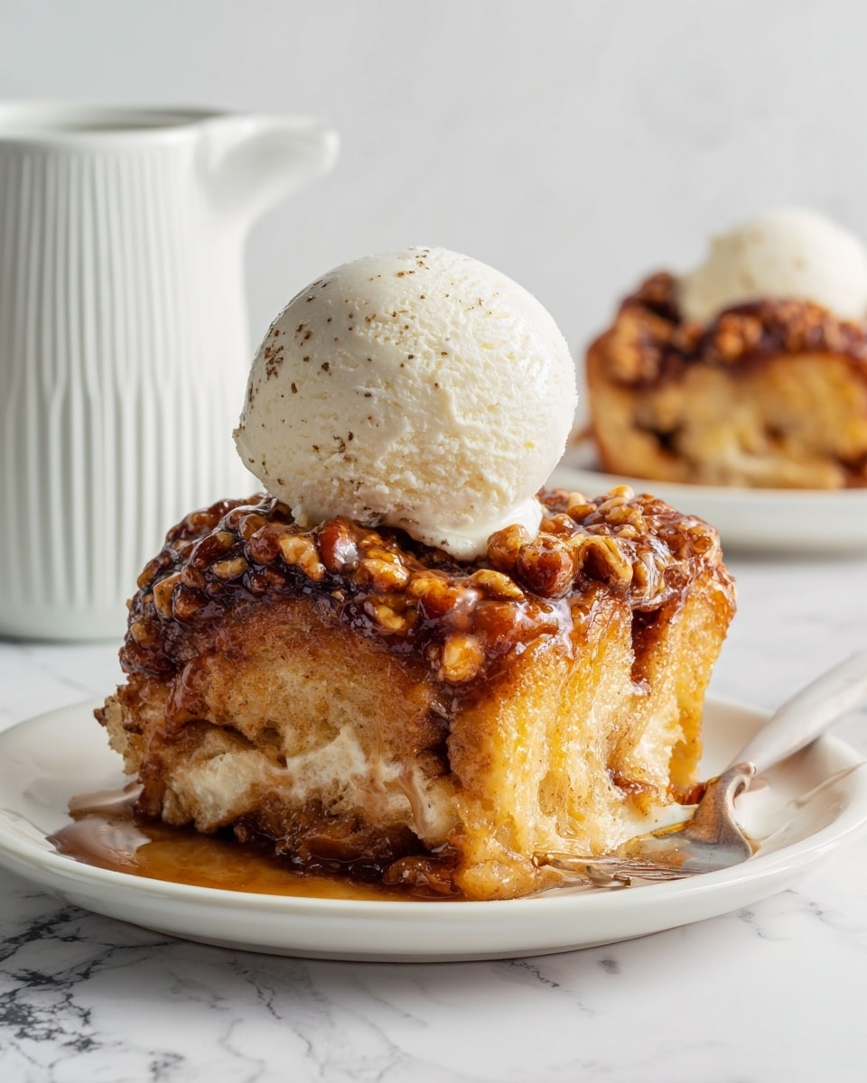 A close-up view of a slice of dessert with three layers: the base layer is a golden-brown cake with a soft texture, the middle layer consists of sticky nuts and caramel in rich brown and amber colors, and the top layer is a smooth, round scoop of white ice cream with small vanilla specks melting over the sides. The dessert sits on a white plate with a textured pattern on a wooden table, with a white marbled background behind it. Photo taken with an iphone --ar 4:5 --v 7