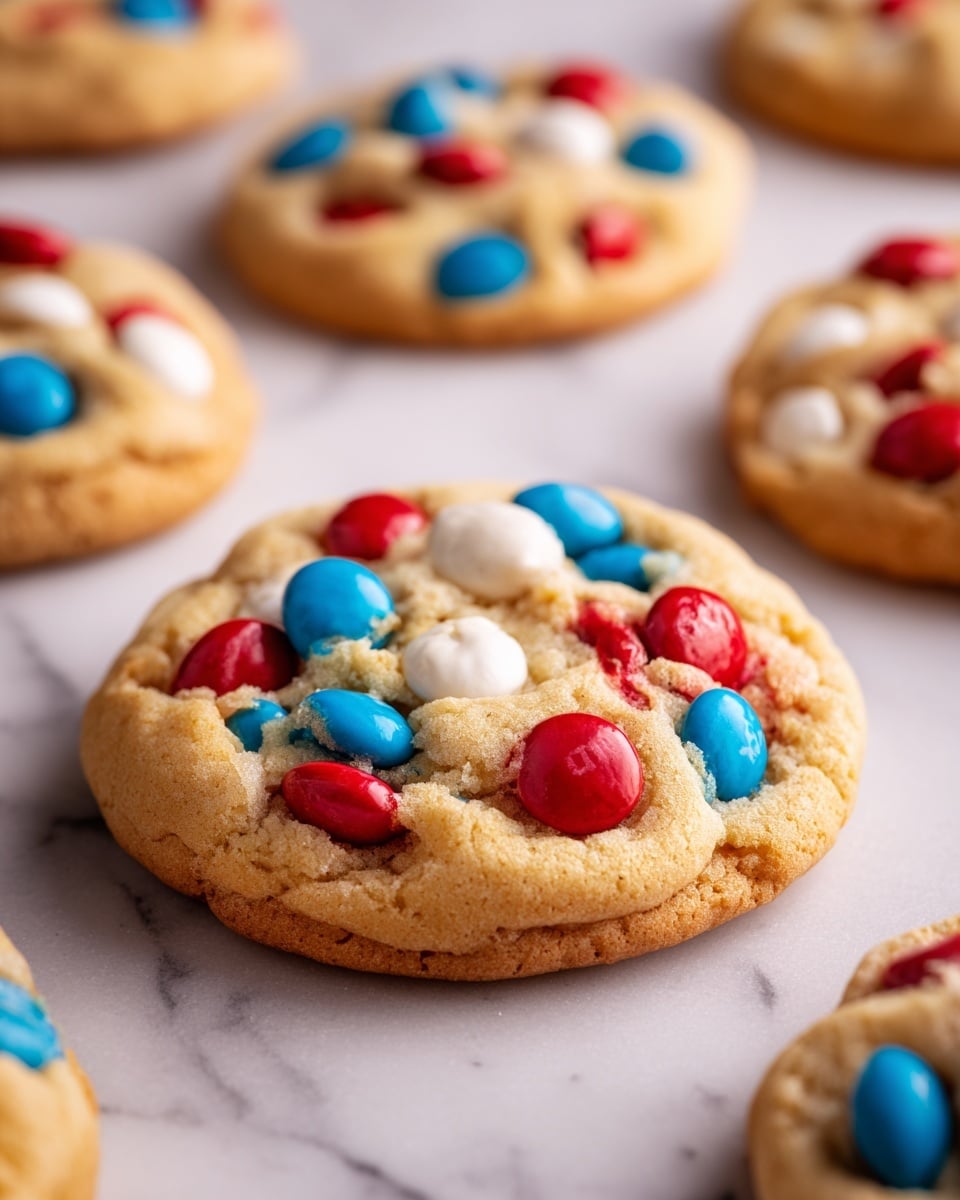 The image shows a stack of round cookies with a golden-brown color and a soft, bumpy texture. Each cookie is covered with red, blue, and white candy-coated chocolate pieces, some whole and some broken, creating a colorful mosaic on the top layer. There are also small salted flakes scattered over the candies, adding contrast and a shiny touch. The cookies sit closely on a white marbled surface, filling the frame with vibrant colors and textured details. photo taken with an iphone --ar 4:5 --v 7