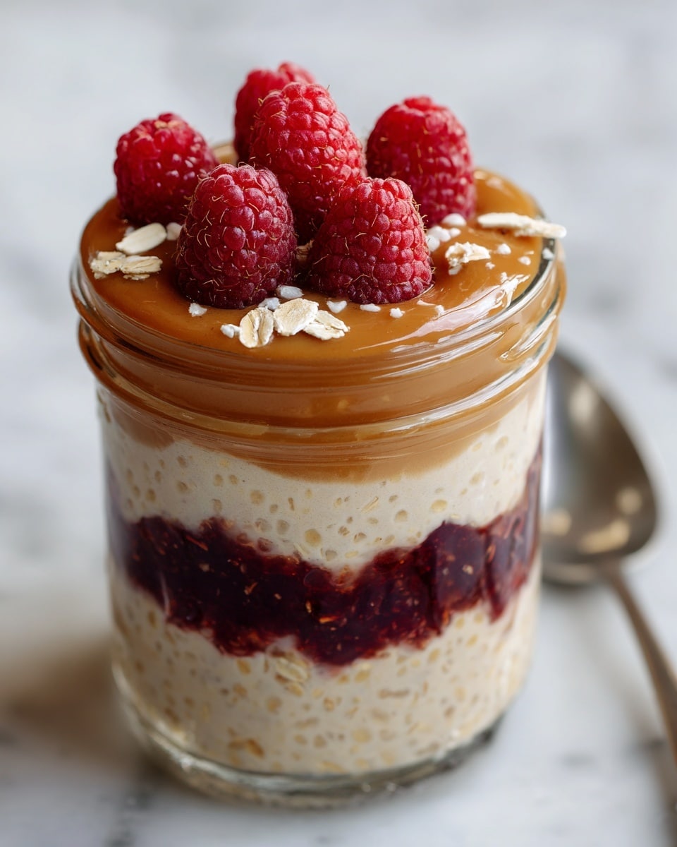 A small glass jar filled with five visible layers: the bottom layer is light beige oats mixed with creamy yogurt, above it is a bright red raspberry jam layer with visible seeds, followed by another beige oat and yogurt mix, topped with a smooth light brown peanut butter layer that slightly drips down the side, and five fresh red raspberries placed on top sprinkled with a few oat flakes. The jar sits on a white marbled surface with a blurred silver spoon beside it. Photo taken with an iphone --ar 4:5 --v 7