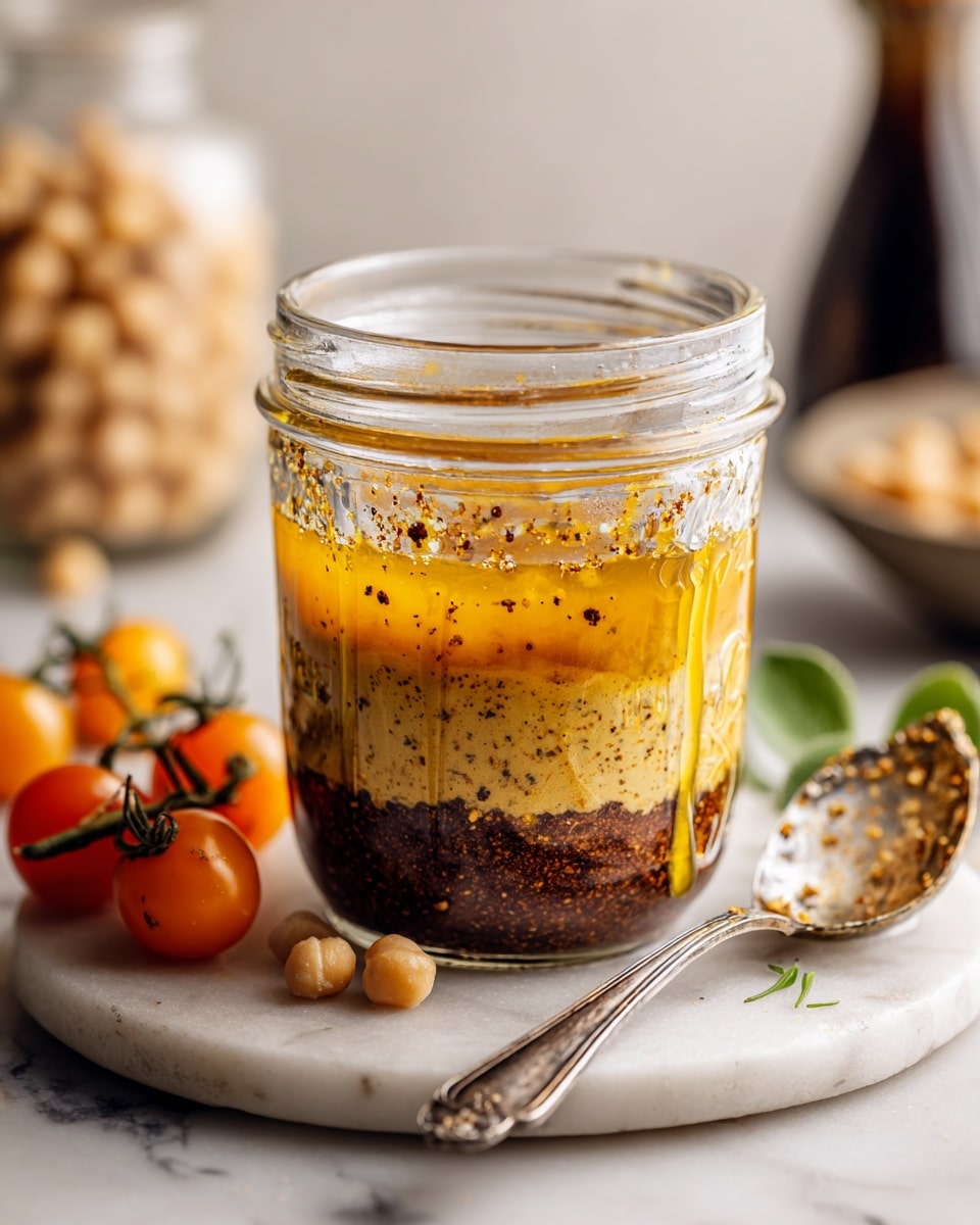 A clear glass jar filled with a two-layered mixture sits on a white marbled surface. The bottom layer is a thick, brown, slightly grainy sauce with specks of spices visible inside. The top layer is a clear golden-yellow oil that floats smoothly above the brown layer. To the front left of the jar, a silver spoon with some of the golden oil and sauce rests on the surface. There are whole cherry tomatoes on the vine to the left and a small sprig of green herbs to the right, with a glass jar of tan chickpeas blurred in the background. The overall lighting is soft and natural, highlighting the textures and colors gently. photo taken with an iphone --ar 4:5 --v 7