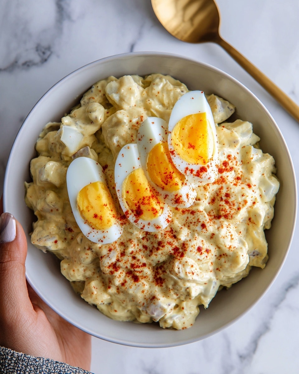 The image shows a white bowl filled with creamy, chunky potato salad that has a pale yellow color with small chunks of potato visible. On top of the salad, there are several slices of hard-boiled egg with bright yellow yolks and white edges. The salad is sprinkled with a light dusting of reddish paprika powder, adding a touch of color. The bowl sits on a white marbled surface, and a spoon with a brown handle is partially visible behind the bowl. photo taken with an iphone --ar 4:5 --v 7