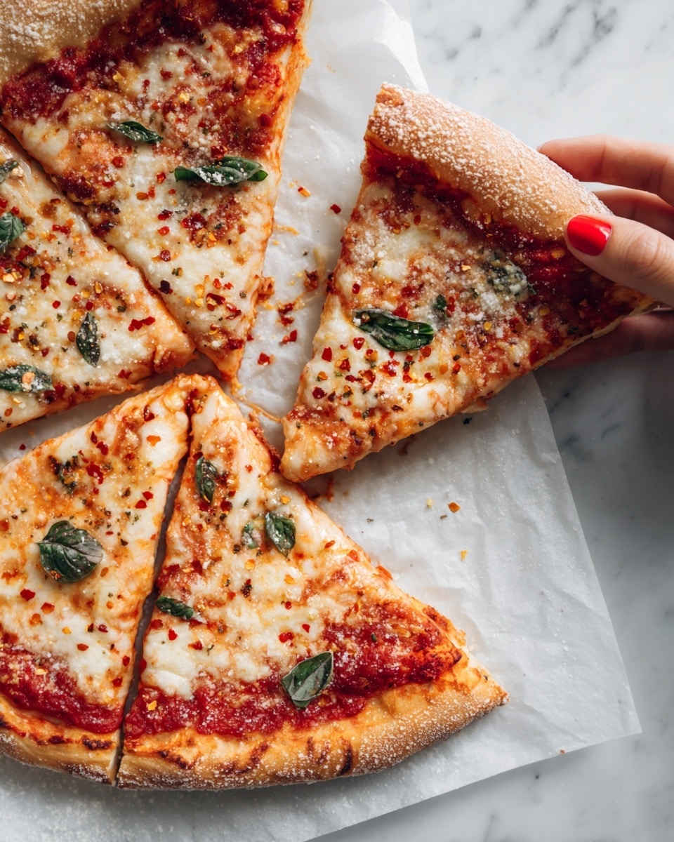 A close-up view of a classic cheese pizza on a white marbled surface, with three slices visible. The pizza has a thick, golden-brown crust with a soft texture, topped with a smooth red tomato sauce base. A thick layer of melted white and slightly browned cheese covers the sauce, sprinkled lightly with red pepper flakes. Fresh green basil leaves are placed on top of the cheese on each slice, adding a pop of color. A woman's hand with red painted nails is holding one slice, lifting it slightly from the surface. Photo taken with an iphone --ar 4:5 --v 7
