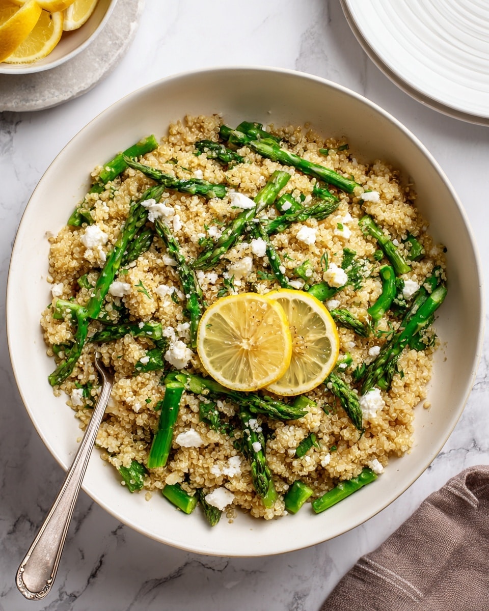 A large white pan filled with a dish that has a base layer of light brown cooked quinoa with a slightly grainy texture. Mixed evenly throughout the quinoa are bright green asparagus pieces, cut into bite-size lengths, some showing tender tips. Scattered on top is a layer of small, crumbly white cheese bits which contrast with the quinoa and asparagus. In the middle of the dish are two thin, triangular lemon slices resting on the quinoa. A silver spoon is placed inside the pan on the right side, partially submerged in the food. The dish is placed on a white marbled surface with a white plate with scalloped edges visible in the upper right corner and a bowl of lemons in the upper left. Photo taken with an iphone --ar 4:5 --v 7
