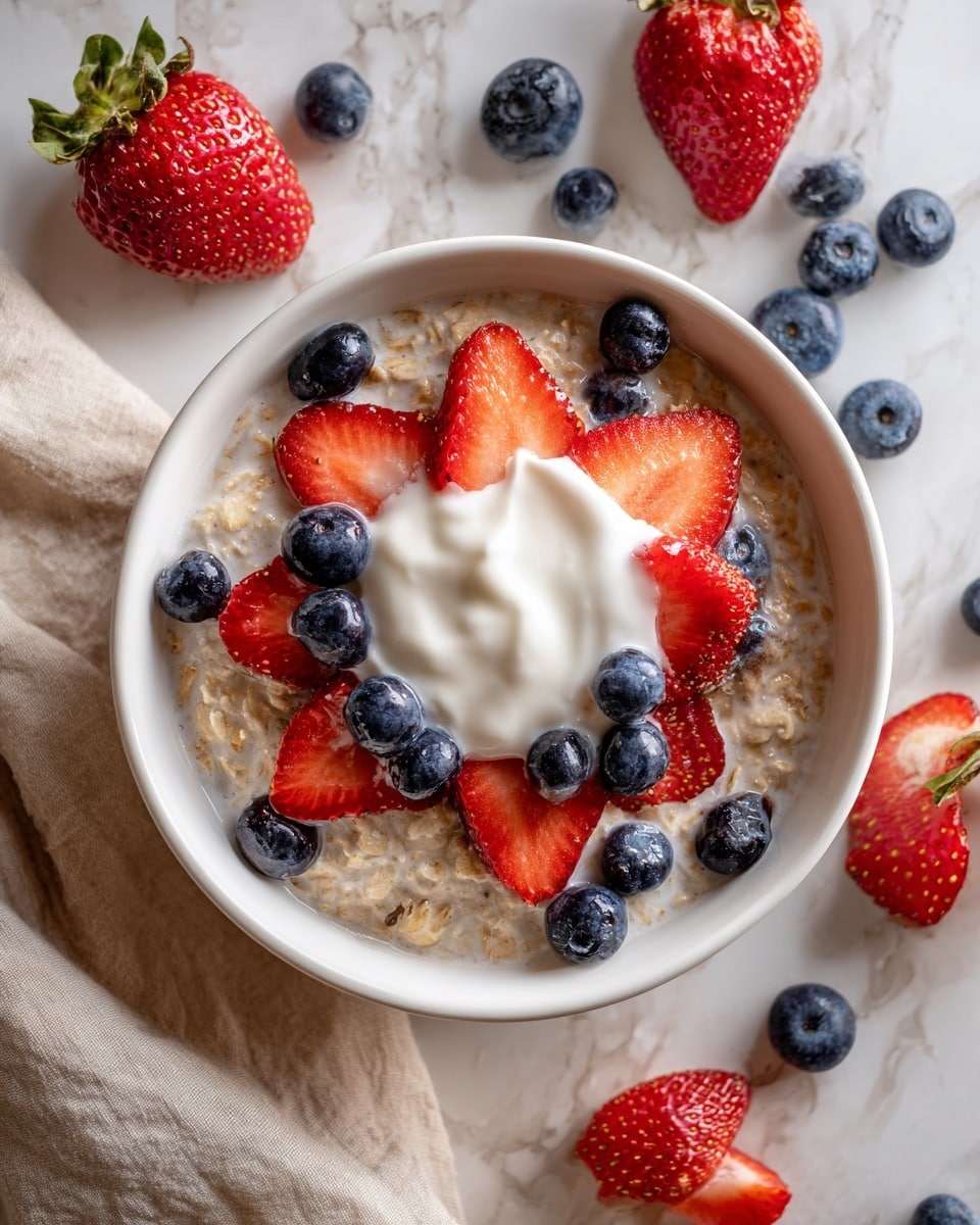 A white bowl filled with three main layers: the bottom layer is light brown rolled oats, soft and slightly textured; the middle layer is fresh red strawberry slices arranged in a star shape on top of the oats; the top layer is a swirl of white creamy yogurt placed in the center, topped with scattered round, plump blue blueberries. Around the bowl, several whole and halved strawberries and loose blueberries rest on a white marbled surface next to a folded beige and white cloth. photo taken with an iphone --ar 4:5 --v 7