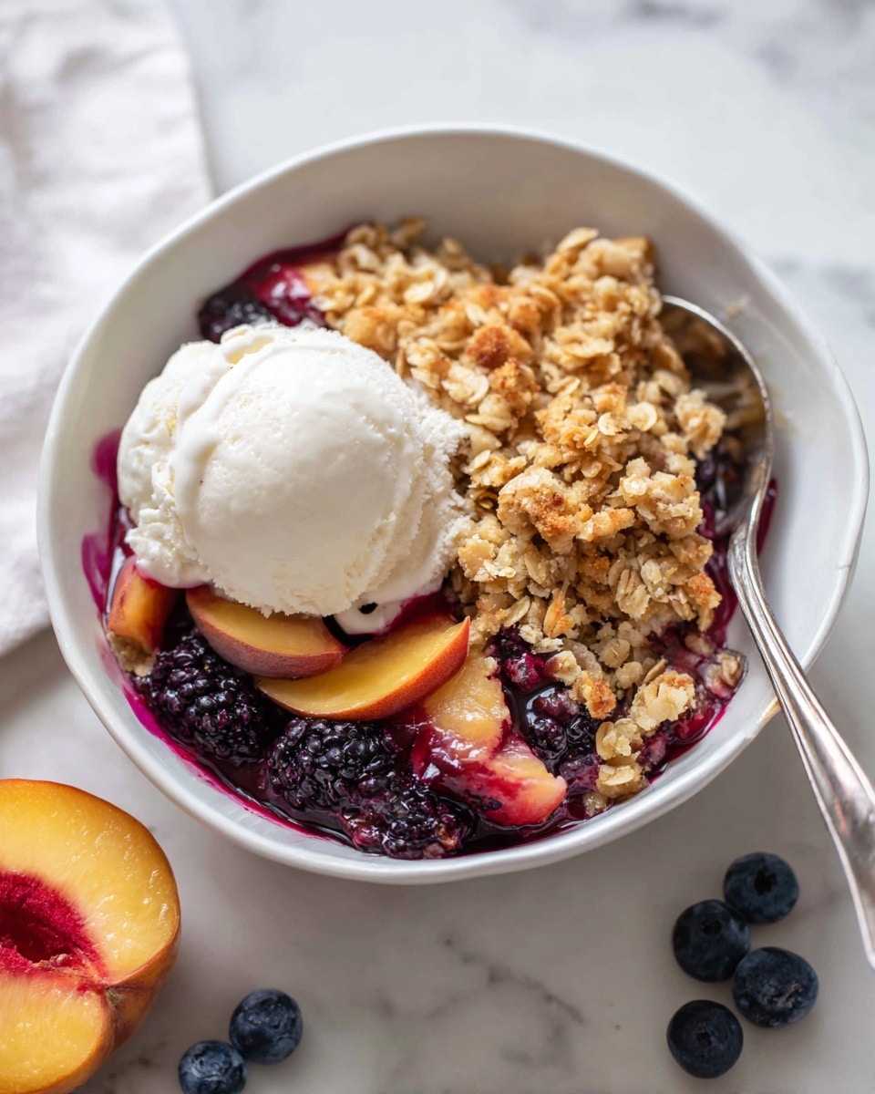 The image shows a white bowl filled with a fruit crumble dessert topped with a scoop of vanilla ice cream. The dessert has three main layers: the bottom layer is a mix of cooked dark berries and peach slices, the middle layer is a moist, juicy fruit filling stained dark purple and orange from the fruits, and the top layer is a thick, crumbly oat topping in light brown with visible oats. The vanilla ice cream sits on the right side of the crumble, slightly melting down the side. A silver spoon is placed inside the bowl on the right side. The bowl is on a white marbled surface, with a few fresh blueberries and peach slices nearby. Photo taken with an iphone --ar 4:5 --v 7