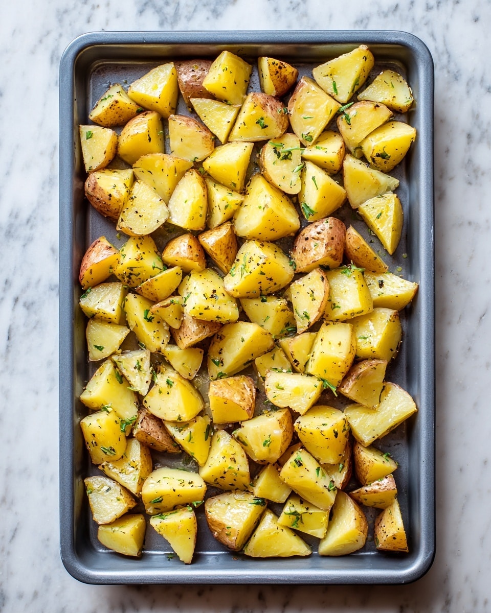 A rectangular gray baking tray filled with many pieces of raw yellow potatoes cut into small triangular and irregular shapes, scattered evenly across the tray. The potatoes have a mix of skin-on and peeled parts, with a light coating of oil and seasoning, showing specks of black pepper and herbs on their surfaces. The tray sits on a white marbled textured surface. photo taken with an iphone --ar 4:5 --v 7
