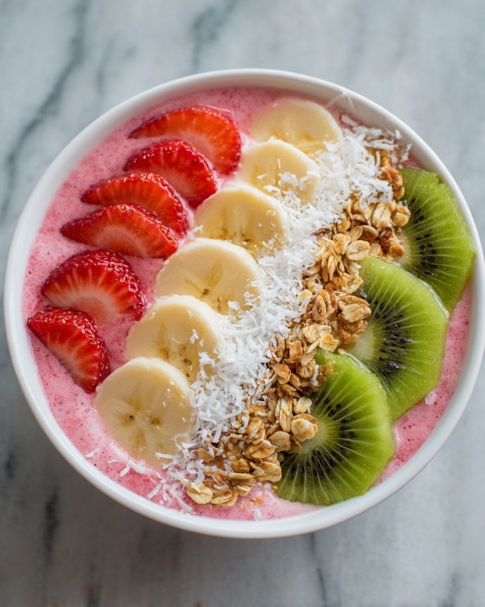 A white bowl filled with a pink smoothie base, topped with four neat rows of fruit and granola. On the left, bright red sliced strawberries, next to a row of light yellow banana slices, then a strip of golden brown granola mixed with white coconut shavings, and on the right three green kiwi slices. The bowl is set on a white marbled surface. photo taken with an iphone --ar 4:5 --v 7