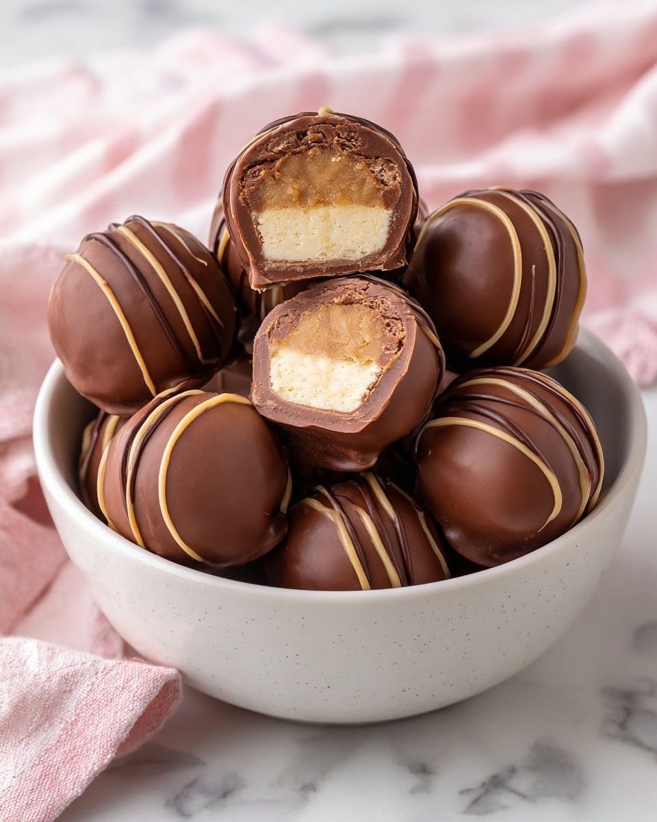 A white bowl filled with round chocolate balls covered in smooth dark brown chocolate. One chocolate ball is cut in half and placed on top, showing three thick layers of lighter brown creamy filling inside with smooth texture. Some chocolate balls have thin, darker chocolate drizzle on top, adding a slightly rough texture. The bowl is placed on a white marbled surface with a soft pink cloth in the background. photo taken with an iphone --ar 4:5 --v 7