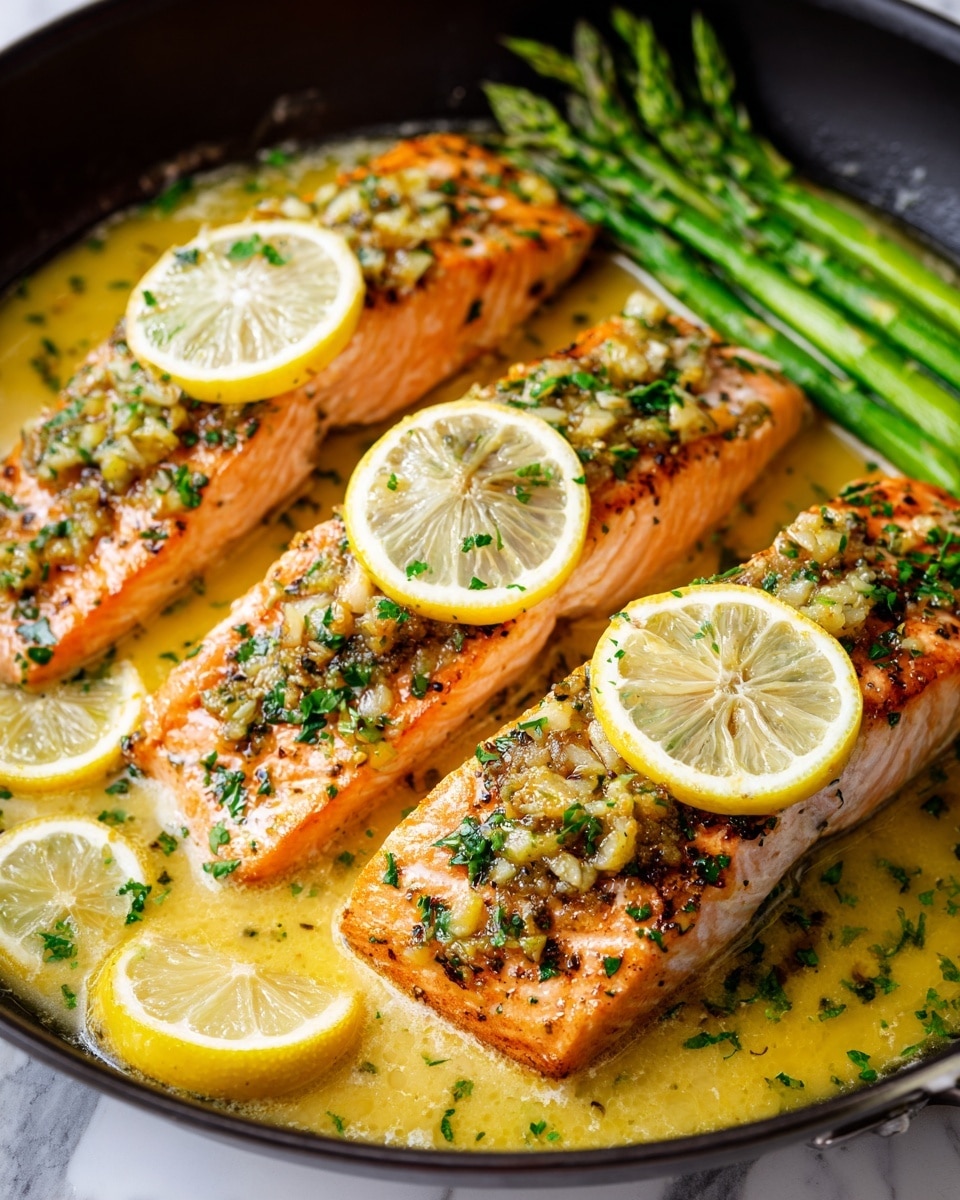 The image shows three cooked salmon fillets in a black pan. Each fillet is topped with chopped garlic, green herbs, and a small lemon slice. The salmon has a crispy, golden-brown crust on top with a pink, tender inside. There is a sauce surrounding the salmon that looks buttery and slightly oily, with more chopped herbs sprinkled on the sauce. On the top left of the pan, there are a few green asparagus spears, slightly cooked but still bright green. In the back right side of the pan, there are two lemon slices resting in the sauce. The white marbled surface is visible around the pan. photo taken with an iphone --ar 4:5 --v 7