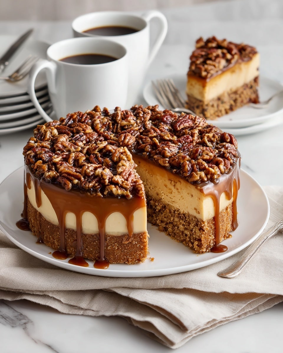 A round cake is on a white plate with a white marbled surface. The cake has two layers: the bottom layer is light golden and soft with visible texture, and the top layer is a thick caramel sauce dripping down the sides. The top of the cake is covered with a layer of whole and chopped pecans with a shiny caramel glaze. One slice is cut from the cake and placed near it, showing the inside texture, and another slice is on a white plate in the background with two cinnamon sticks beside it. There are two white mugs filled with dark coffee and a beige cloth next to the plate. The photo taken with an iphone --ar 4:5 --v 7