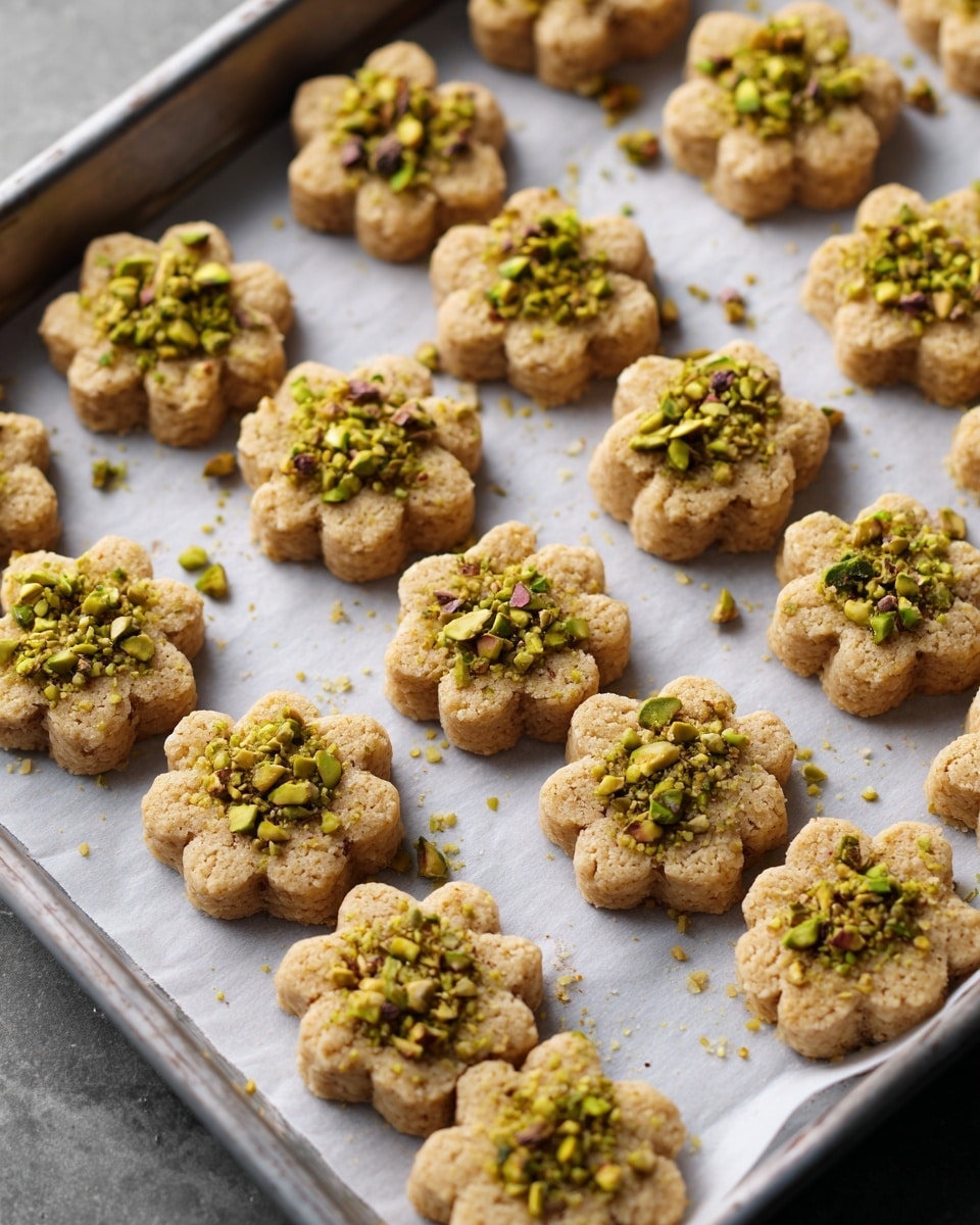 The image shows a baking tray lined with white parchment paper, filled with small flower-shaped cookies. Each cookie is light golden brown, slightly thick with smooth sides and a firm texture. The top of each cookie is sprinkled with small green and brown crushed nuts, mostly pistachios. The cookies are arranged neatly in rows and columns, filling the tray completely. The background surface beneath the tray has a white marbled texture. photo taken with an iphone --ar 4:5 --v 7
