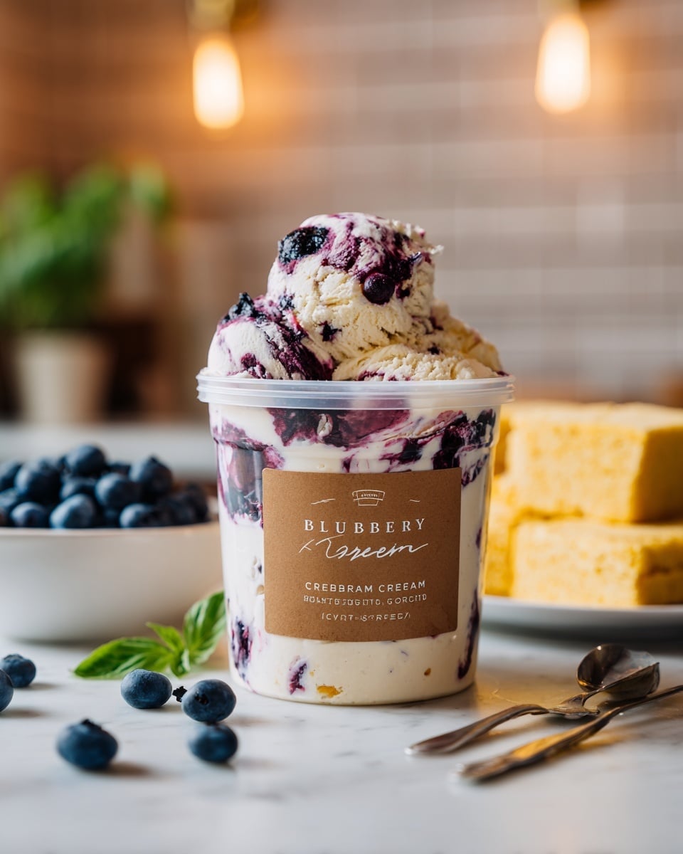 A clear container filled with blueberry basil cornbread ice cream showing two main layers: creamy off-white ice cream with specks and rich deep purple blueberry swirls mixed evenly from top to bottom; the container has a white lid and a handwritten label on brown paper around the middle; in the background, on a white marbled surface, there is a white bowl with blue blueberries on the left and a white plate with several golden cornbread squares on the right, with a woman's hand holding part of a cloth with yellow and gray stripes near the lower right corner, soft warm lighting glowing in the background; photo taken with an iphone --ar 4:5 --v 7