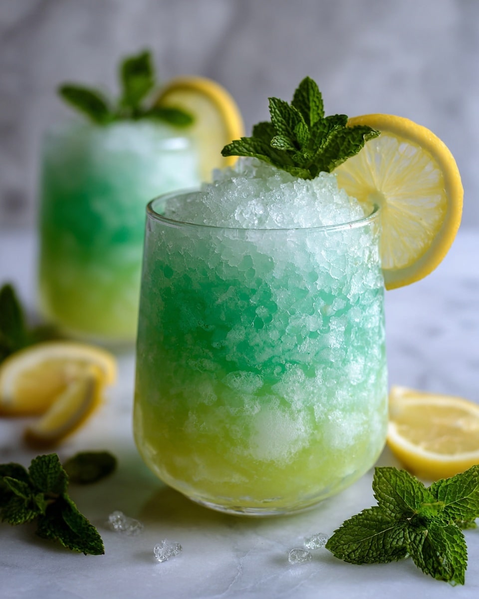 A clear glass filled with a green icy drink that has a slushy texture, showing a whole round lemon slice inside near the bottom. The drink fades from a bright green at the base to a lighter, almost frothy green at the top. A fresh green mint sprig is placed on the rim of the glass. The glass is placed on a white marbled surface with two lemon slices blurred in the background and a pink cloth and mint leaves nearby. photo taken with an iphone --ar 4:5 --v 7