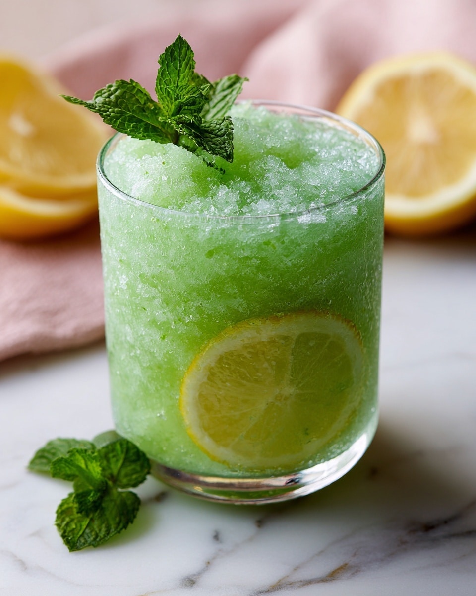 The image shows two clear glasses filled with a bright green layered drink. Each glass has three visible layers: the bottom layer is a dense, vibrant green liquid; the middle layer is a slightly lighter green slushy mix with tiny darker green flecks; the top layer is a frothy, pale green foam. A thin lemon slice is placed inside each glass, visible against the green layers. Fresh mint leaves garnish the top edge of the front glass. The glasses sit on a white marbled surface with a few lemon slices and mint leaves scattered around. Photo taken with an iphone --ar 4:5 --v 7