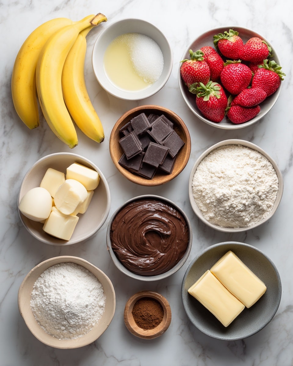 The image shows eleven bowls and containers arranged neatly on a white marbled surface. There are two yellow bananas positioned vertically on the left side. Above them, a white bowl holds a clear liquid, likely oil, and next to it is a gray bowl with white sugar. To the right, a white bowl is filled with fresh red strawberries with green leaves. In the center, a wooden bowl contains a mound of white flour. Just below to the right, a small gray bowl holds dark chocolate pieces. Below the central flour bowl, a beige bowl is filled with a white powder, possibly baking powder. In the lower center, a gray bowl holds a smooth, thick dark chocolate or chocolate spread. On the bottom right, a gray bowl contains three pieces of pale yellow butter. Close to this bowl is a tiny wooden bowl with a brown spice powder. To the left of the strawberries, four eggs sit in a recycled carton. Above the butter, four cream-filled round pastries rest in a white carton. The overall look is organized, simple, and clear with natural colors and textures. photo taken with an iphone --ar 4:5 --v 7
