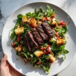 Grilled Hanger Steak with Tomato Panzanella and Smoky Shallot Vinaigrette Recipe