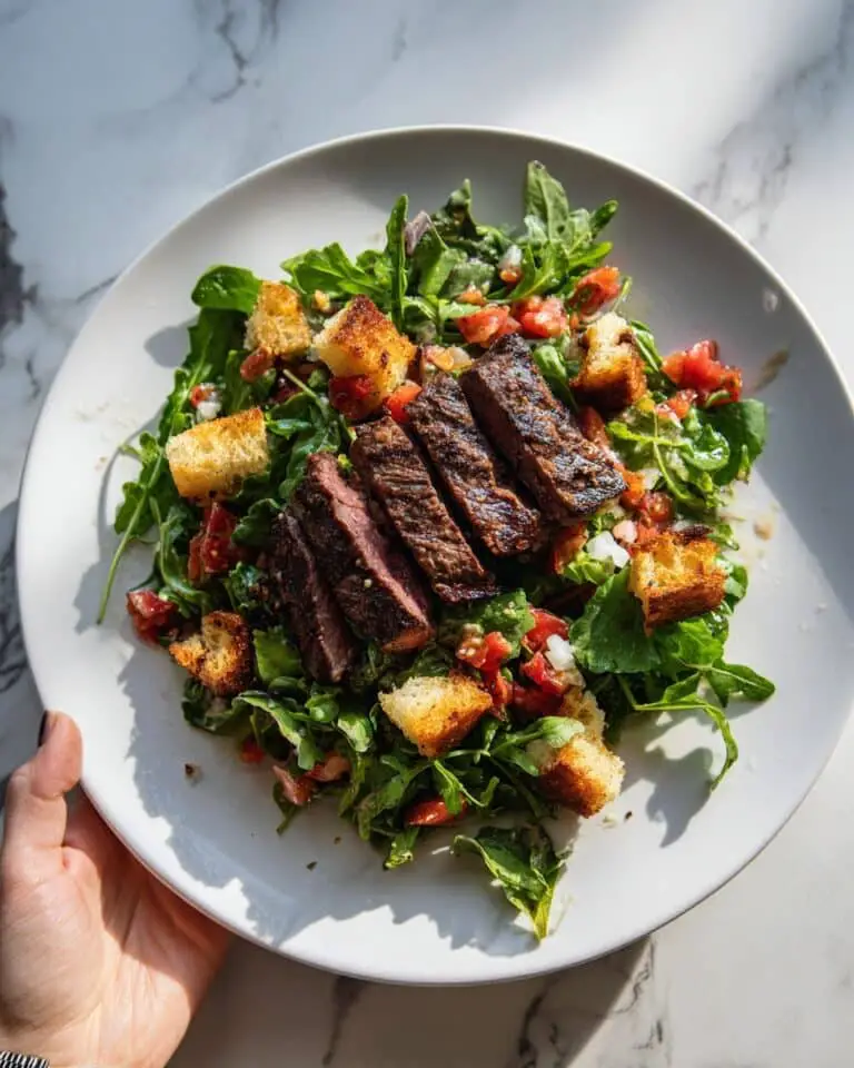 Grilled Hanger Steak with Tomato Panzanella and Smoky Shallot Vinaigrette Recipe