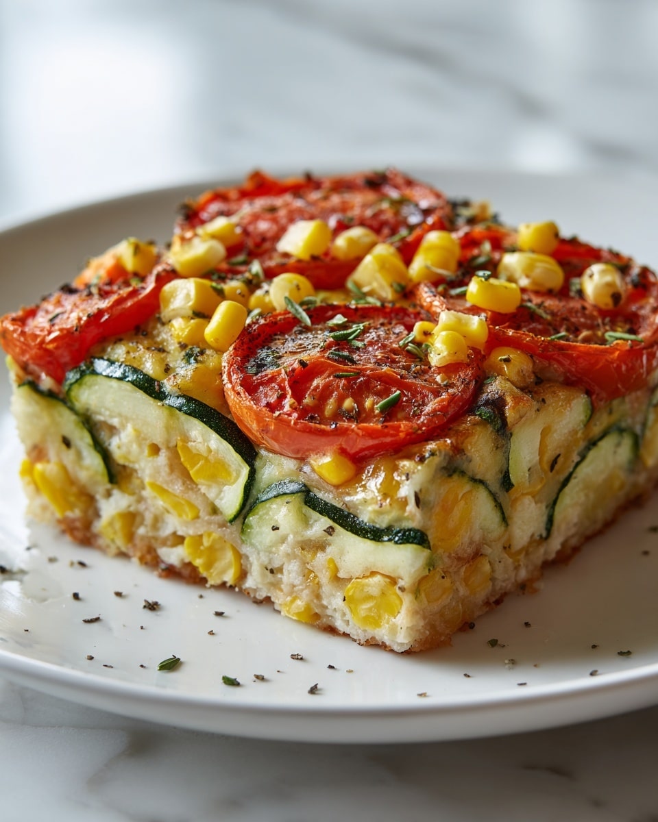 The image shows a close-up of a square slice of vegetable frittata on a white plate. The frittata has three visible layers: the bottom layer is a light yellow, fluffy egg base with herbs mixed in; the middle layer includes bright yellow corn kernels and green zucchini slices; the top layer is covered with red roasted tomato slices sprinkled with chopped green herbs and a light dusting of grated cheese, giving a slightly crispy texture. The dish sits on a white marbled surface. Photo taken with an iphone --ar 4:5 --v 7