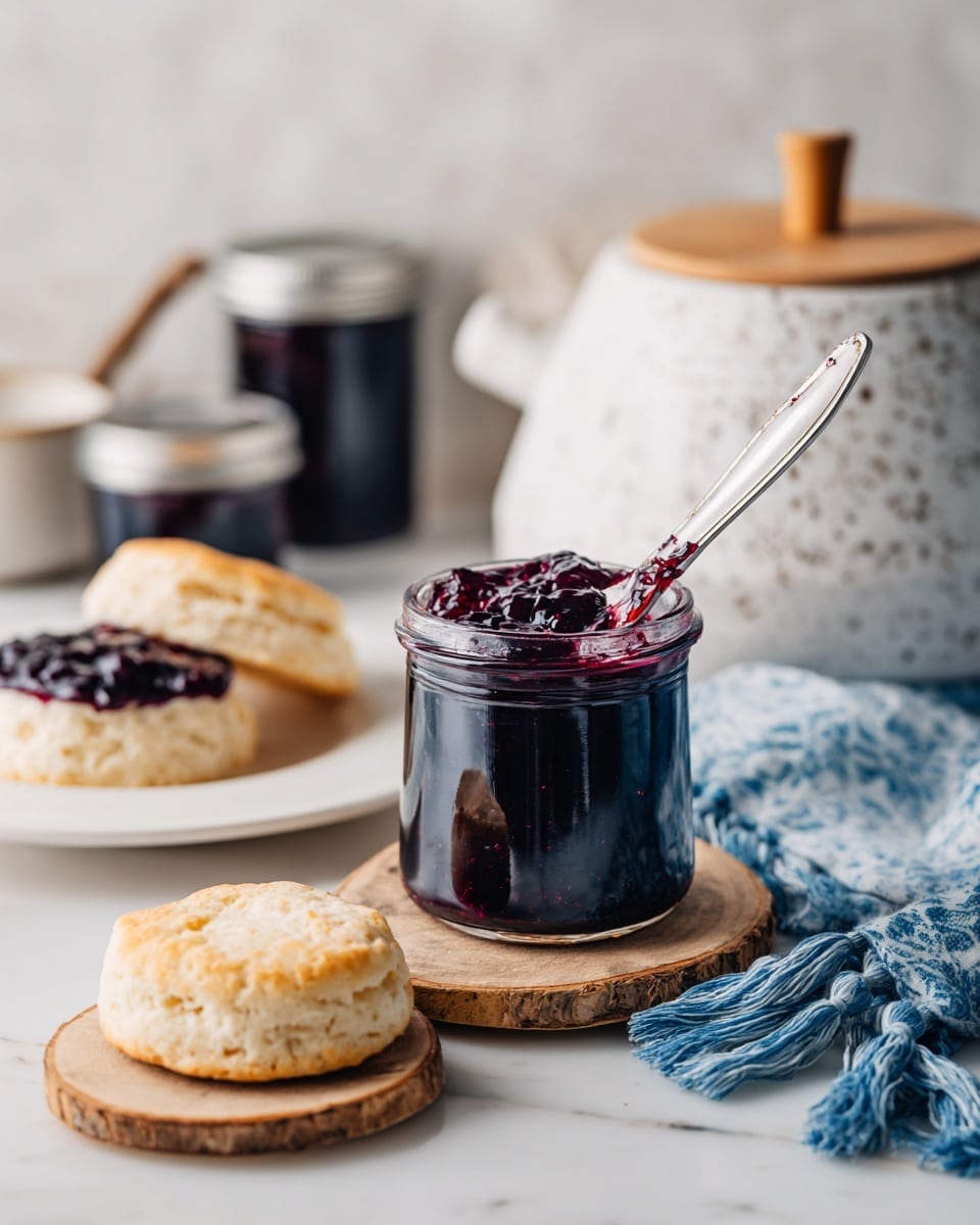 The image shows a tall clear jar filled with dark red jam, with a metal knife resting across the jar's top, the knife blade covered in jam. Behind the jar is another closed jar of the same size and jam. To the left, there is a white bowl holding two biscuits, one open with jam spread inside and the other whole. In front, two more biscuits rest on two small round wooden boards. A white container with a wooden lid and a white speckled slow cooker with wooden handles are visible in the background. A blue and white cloth with thick white tassels lies under the open metal jar lid on a white marbled surface. Photo taken with an iphone --ar 4:5 --v 7