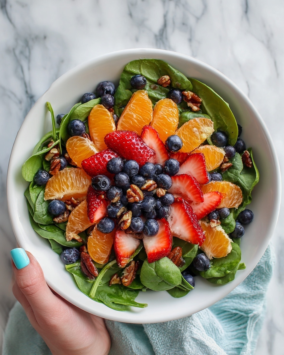 A white bowl filled with a fresh salad sits on a white marbled surface. The salad has three main layers: bright green spinach leaves at the bottom, scattered juicy orange mandarin slices and dark blue blueberries in the middle, and vibrant red sliced strawberries on top. Small bits of crushed nuts are sprinkled evenly across the salad, adding texture. A woman's hand with light blue nail polish holds the edge of the bowl, and a silver spoon rests inside on the right side. photo taken with an iphone --ar 4:5 --v 7