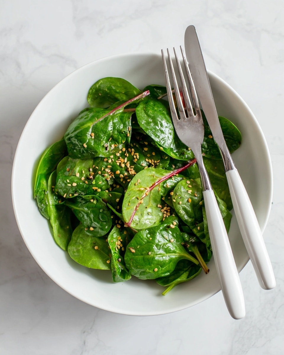 A white plate holds a simple salad made of fresh green leaves, mostly spinach and some with red stems, lightly coated with small mustard seeds or seasoning. The leaves are layered naturally, with their smooth and slightly wrinkled textures visible. To the right side of the plate, there is a white-handled knife and a vintage silver fork resting side by side. The background is a white marbled surface, clean and bright, enhancing the freshness of the greens. Photo taken with an iphone --ar 4:5 --v 7