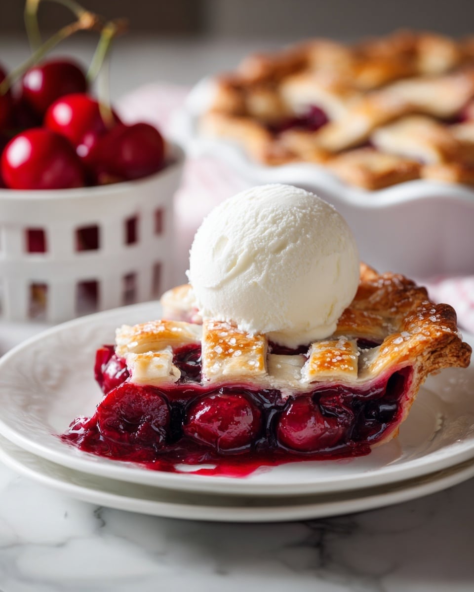 A slice of cherry pie is shown on a white plate placed on a white marbled surface, featuring two main layers visible from the side: a golden brown, lattice top crust with a slightly rough texture and sprinkles of sugar, and a thick, dark red cherry filling that looks juicy and glossy. The cherry filling shows whole cherries and oozes slightly onto the plate. On top of the pie slice sits a rounded scoop of creamy, white vanilla ice cream, which is smooth with small specks of vanilla. The background is softly blurred, showing a white container filled with bright red cherries and a white pie dish. photo taken with an iphone --ar 4:5 --v 7