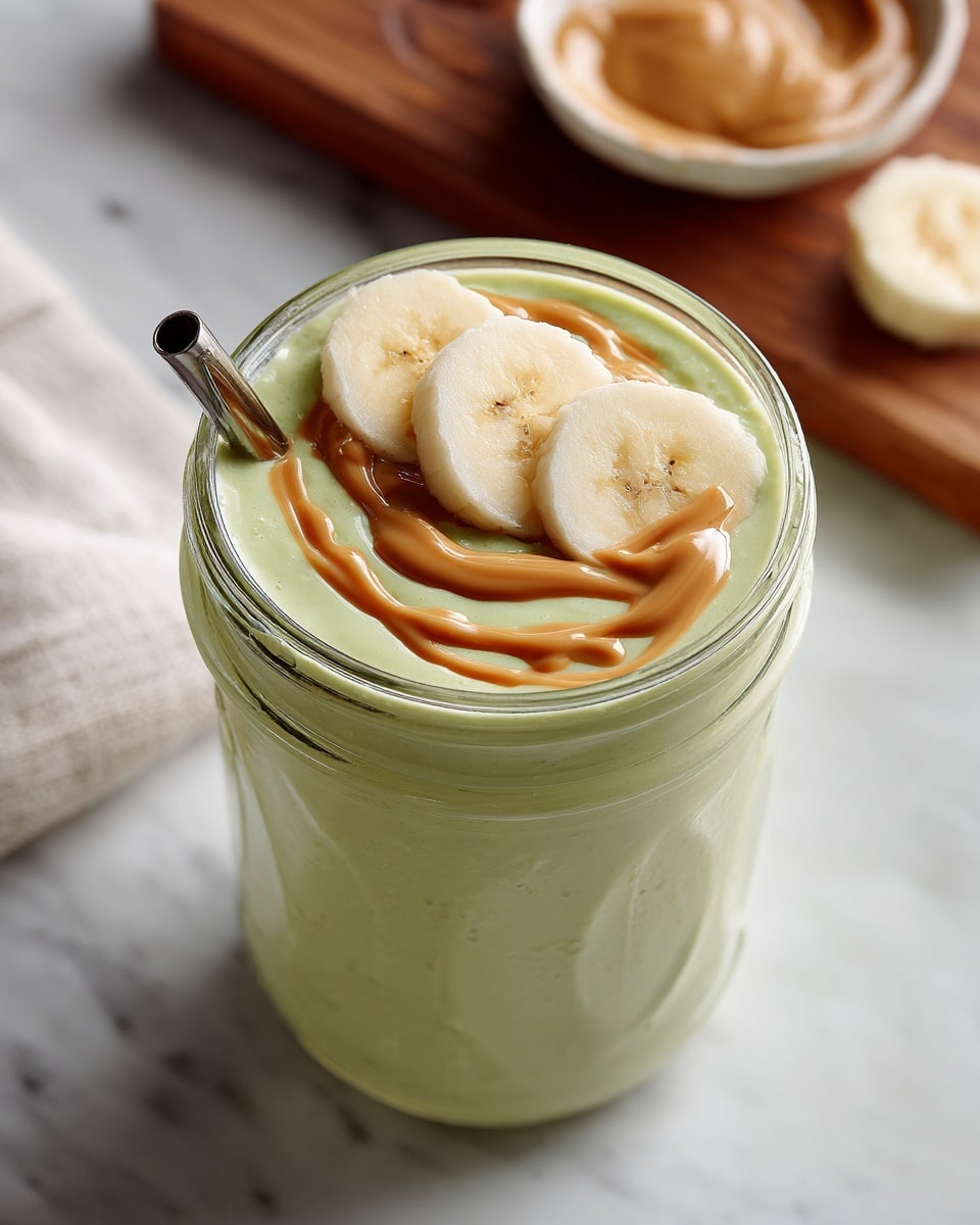 A clear glass jar filled with pale green smoothie sits on a white marbled surface. The top of the smoothie is smooth and thick with three round, light yellow banana slices placed neatly on one side. Next to the banana slices, there is a drizzle of light brown creamy sauce that creates a wavy pattern. A metal straw is inserted on the side of the jar, slightly angled. In the background on the white marbled surface, a wooden board holds a small dish of the same light brown sauce and pieces of banana are blurred out. photo taken with an iphone --ar 4:5 --v 7