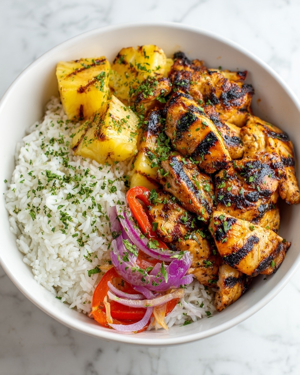 The dish is served in a white bowl placed on a white marbled surface. It has three main layers: a bed of white rice on the right side sprinkled with green chopped herbs; on the left side, grilled chicken pieces with a golden-brown and slightly charred texture mixed with bright yellow grilled pineapple chunks, thin red pepper strips, and slices of purple onion, all topped with more green chopped herbs. The colors contrast nicely, with the warm tones of the chicken and pineapple standing out against the white rice and bowl. Photo taken with an iphone --ar 4:5 --v 7