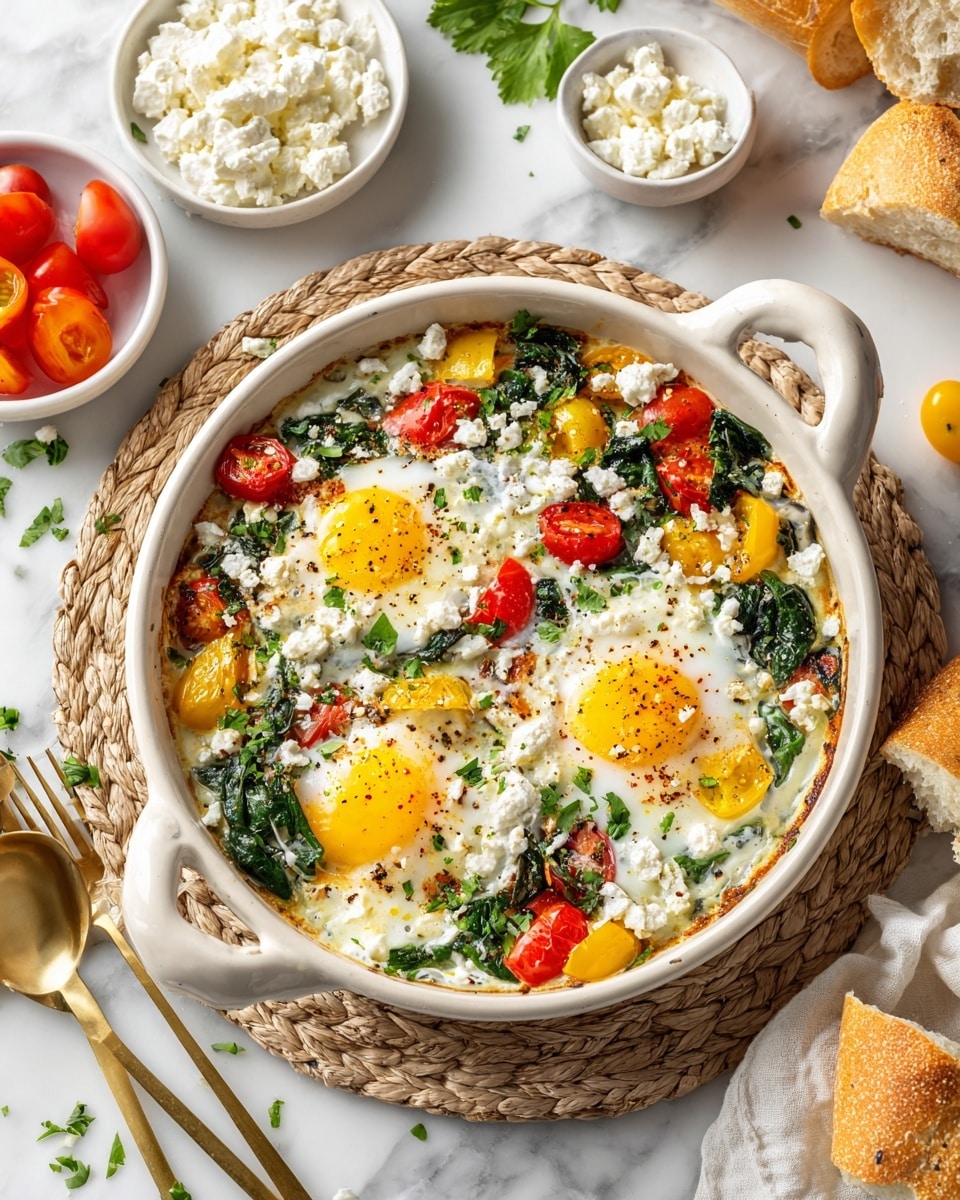 A white round baking dish holds a baked egg dish with three visible eggs in the center, each with a soft white texture and a slightly runny yolk. Around the eggs, there are chopped yellow bell peppers, bright green spinach leaves, and small cut pieces of red cherry tomatoes. The dish is topped with crumbled white cheese that is lightly browned in some spots, adding a crumbly texture. Fresh green herbs are scattered on top. The dish sits on a woven mat and is surrounded by small white bowls containing fresh spinach, crumbled cheese, and diced yellow bell pepper. Photo taken with an iphone --ar 4:5 --v 7