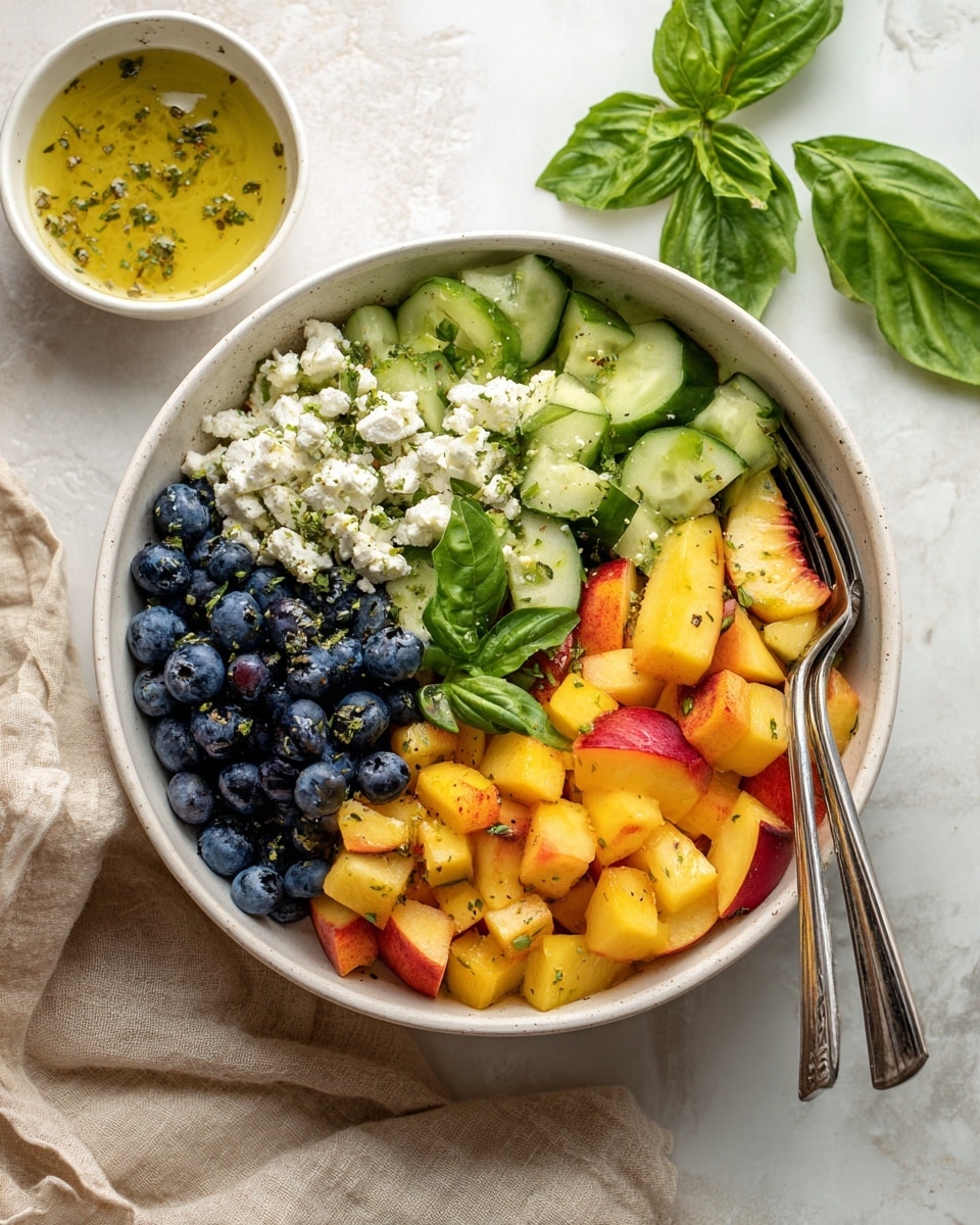 A white bowl filled with a colorful salad showing many layers: round cucumber slices with dark green skin, small dark blue blueberries, chunks of orange peach with red skin, and white crumbled cheese scattered on top. Fresh small green basil leaves are spread over the salad, adding a bright touch. Two silver forks stick out from the right side of the bowl. The bowl sits on a white marbled surface with a light gray cloth beside it. In the top left corner, a small white bowl holds a light dressing with green herbs visible. photo taken with an iphone --ar 4:5 --v 7