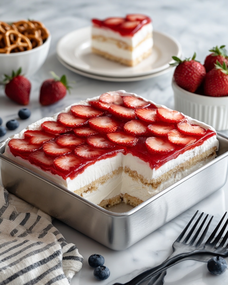 A square dessert inside a metal pan shows four clear layers: the bottom layer is light brown with textured bits, the second layer is thick and white with a smooth cream look, the third layer is bright red and glossy with sliced red strawberries evenly spread on top, and the top layer has thick white lines of whipped cream between the strawberry slices. One corner missing reveals the inner layers. The back shows a white plate with a slice of the dessert, two red strawberries next to it, a white bowl filled with pretzels, a white and beige striped kitchen towel, and some scattered blueberries on a white marbled surface. Three black forks rest on the surface in front. photo taken with an iphone --ar 4:5 --v 7