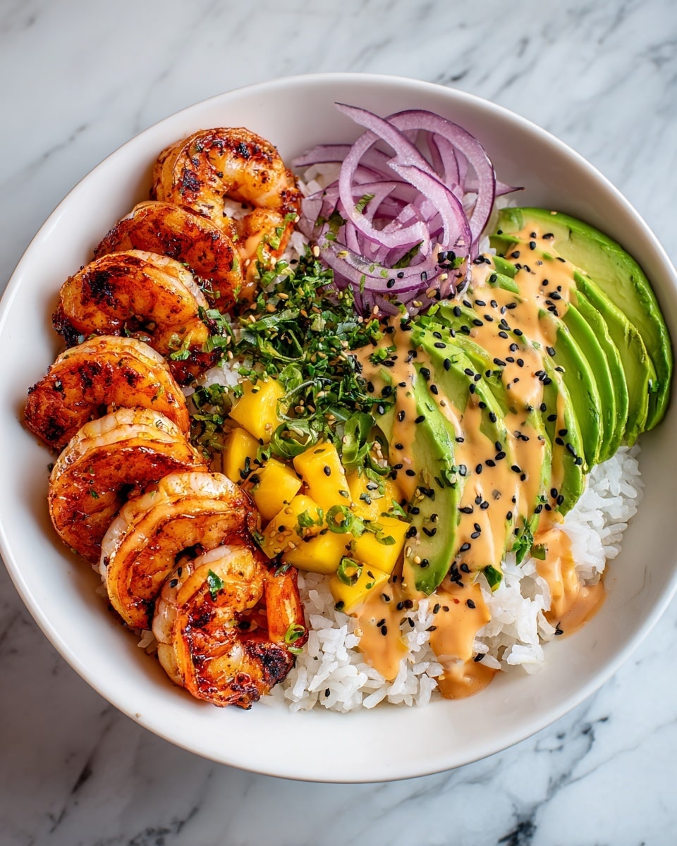 A bowl with four clear layers, starting with a bed of white rice at the bottom that forms the base. On the left side, a layer of cooked shrimp with a dark, spicy char on the edges, drizzled lightly with a creamy orange sauce. At the top center, thin slices of purple onion mixed with small green chili pieces. On the right side, smooth green avocado slices laid out in a fan shape. Next to the avocado, bright yellow mango cubes mixed with chopped green herbs, sprinkled with black sesame seeds and also drizzled with the same creamy orange sauce. The bowl sits on a white marbled surface. photo taken with an iphone --ar 4:5 --v 7