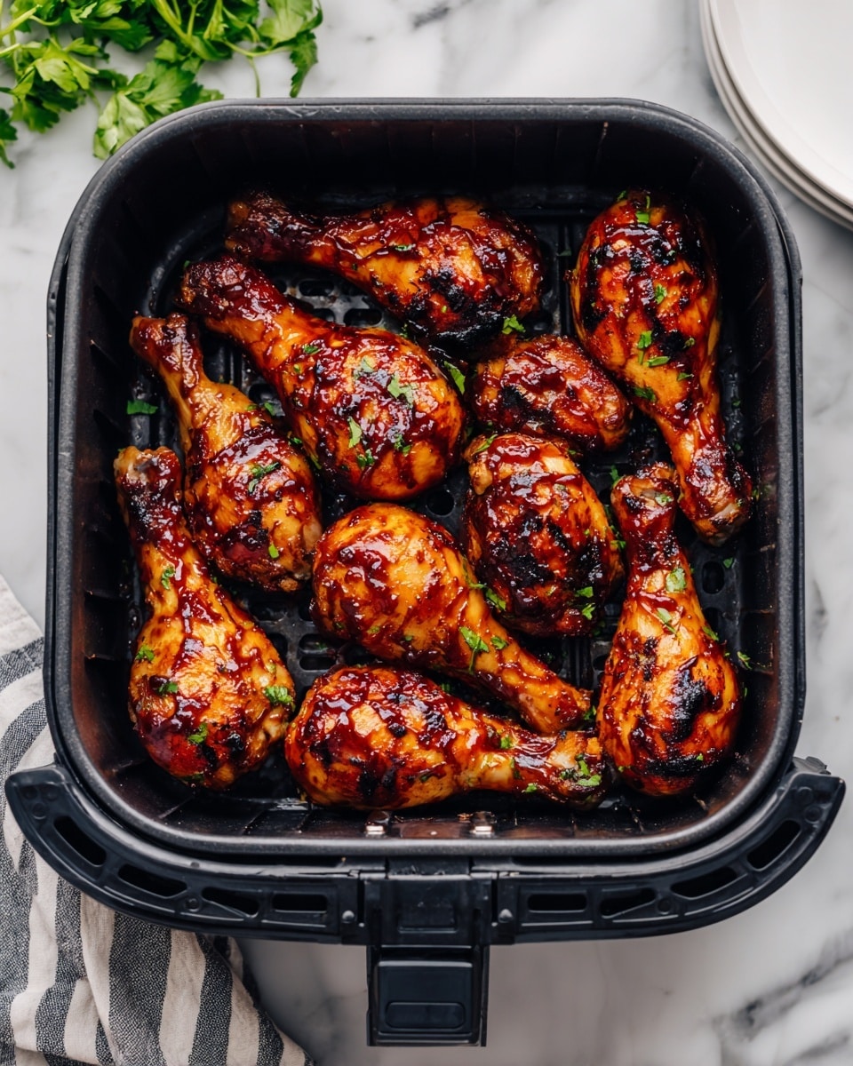 Inside a black air fryer basket, there are ten golden-brown chicken drumsticks covered in shiny, dark reddish-brown barbecue sauce. The drumsticks have a slightly charred, grilled texture with sticky sauce layers that reflect light, giving them a juicy look. The basket sits on a white marbled surface, and some green thyme sprigs are visible at the top left corner. A white cloth with blue stripes is partly in the bottom left corner. photo taken with an iphone --ar 4:5 --v 7