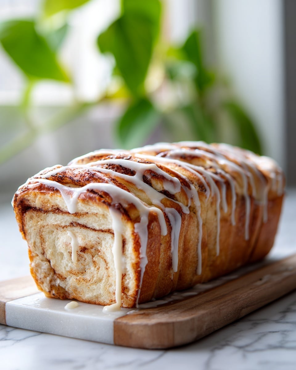 A loaf of bread sits on a wooden and white marble board placed on a white marbled surface. The bread has a golden-brown crust with a slightly rough and bumpy texture on top, showing a layered, brioche-like pattern. White icing is drizzled over the top in thin lines, some dripping down the sides. The background is blurred, with green plant shapes visible, giving a fresh, natural feel. Photo taken with an iphone --ar 4:5 --v 7