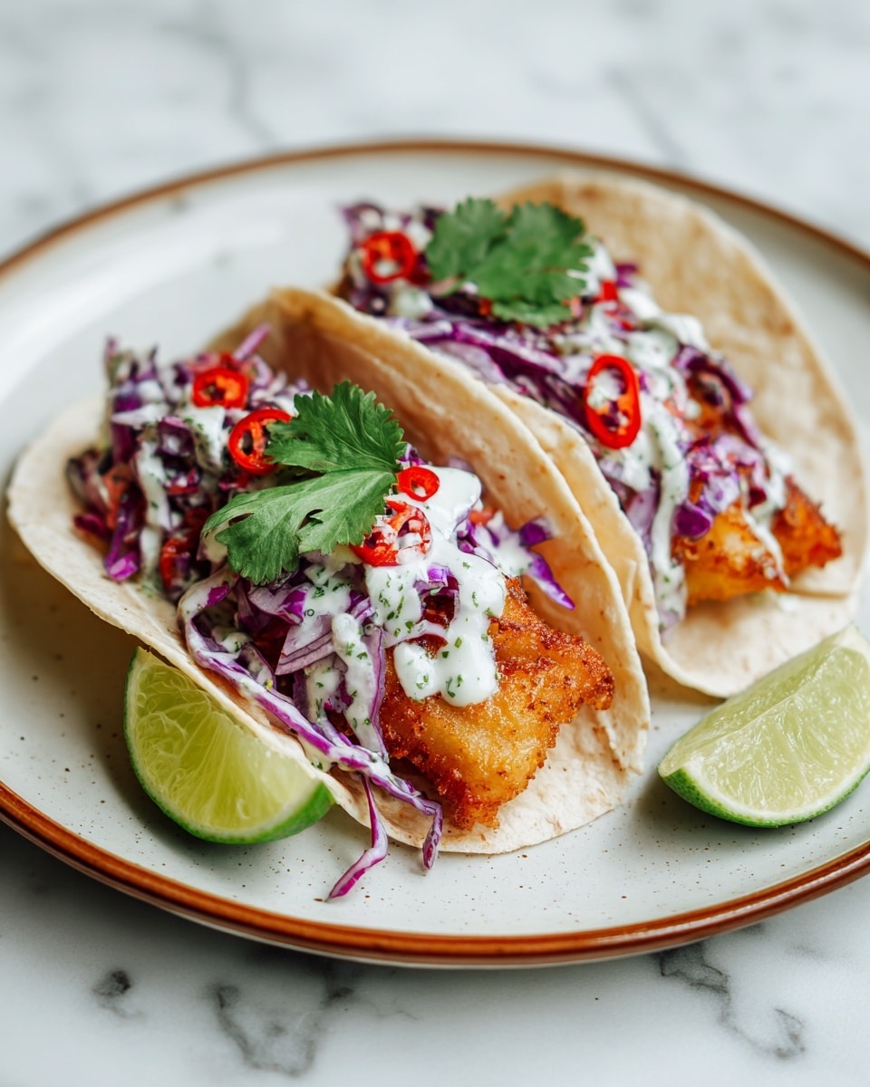 Three soft tacos sit close together on a round white plate with a speckled finish, placed on a white marbled surface. Each taco has a light beige tortilla wrapped around a crispy golden brown fried fish fillet at the bottom, topped with a mix of thin purple cabbage and white shredded vegetables. A creamy light sauce is drizzled over the veggie layer, and small pieces of red chili are scattered on top. Bright green cilantro leaves rest on the very top of each taco. On the plate next to the tacos are two lime wedges with a fresh, juicy look. Photo taken with an iphone --ar 4:5 --v 7
