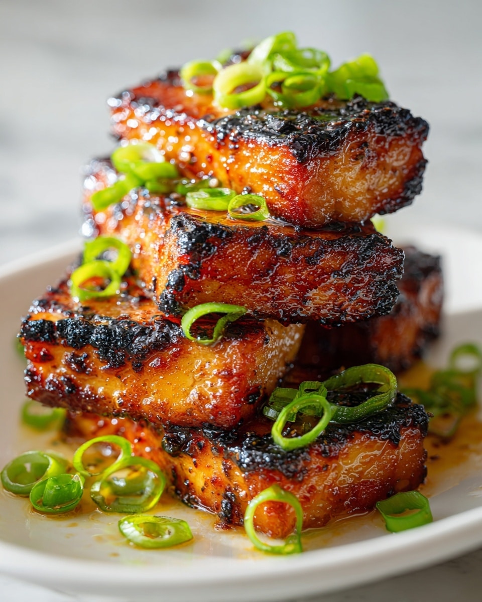 A close-up view of five pieces of glazed, browned grilled chicken arranged in a small stack on a round white plate set on a white marbled surface. The chicken has a shiny, caramelized texture with darker charred spots along the edges. On top and scattered around the chicken, there are bright green thinly sliced scallions adding a fresh contrast to the warm colors of the chicken. The lighting highlights the glossiness and crisp edges of the chicken. Photo taken with an iphone --ar 4:5 --v 7