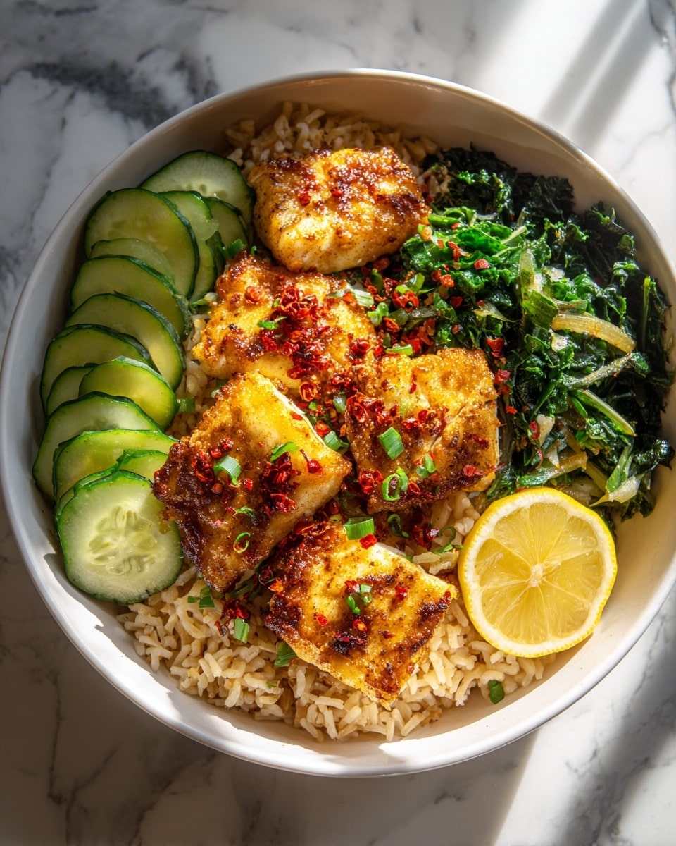 A white bowl filled with a base layer of cooked brown rice with a fluffy texture, topped with a layer of grilled white fish pieces seasoned with red spices and finely chopped herbs, showing a golden-brown crust. On one side, there are green sautéed leafy vegetables, next to thinly sliced cucumber rounds with a fresh shine. A thick slice of lemon with visible juice sacs sits beside the fish, adding a bright yellow color. There are also some cooked green beans mixed with light brown sautéed onions along the rice. The bowl is placed on a white marbled surface. photo taken with an iphone --ar 4:5 --v 7
