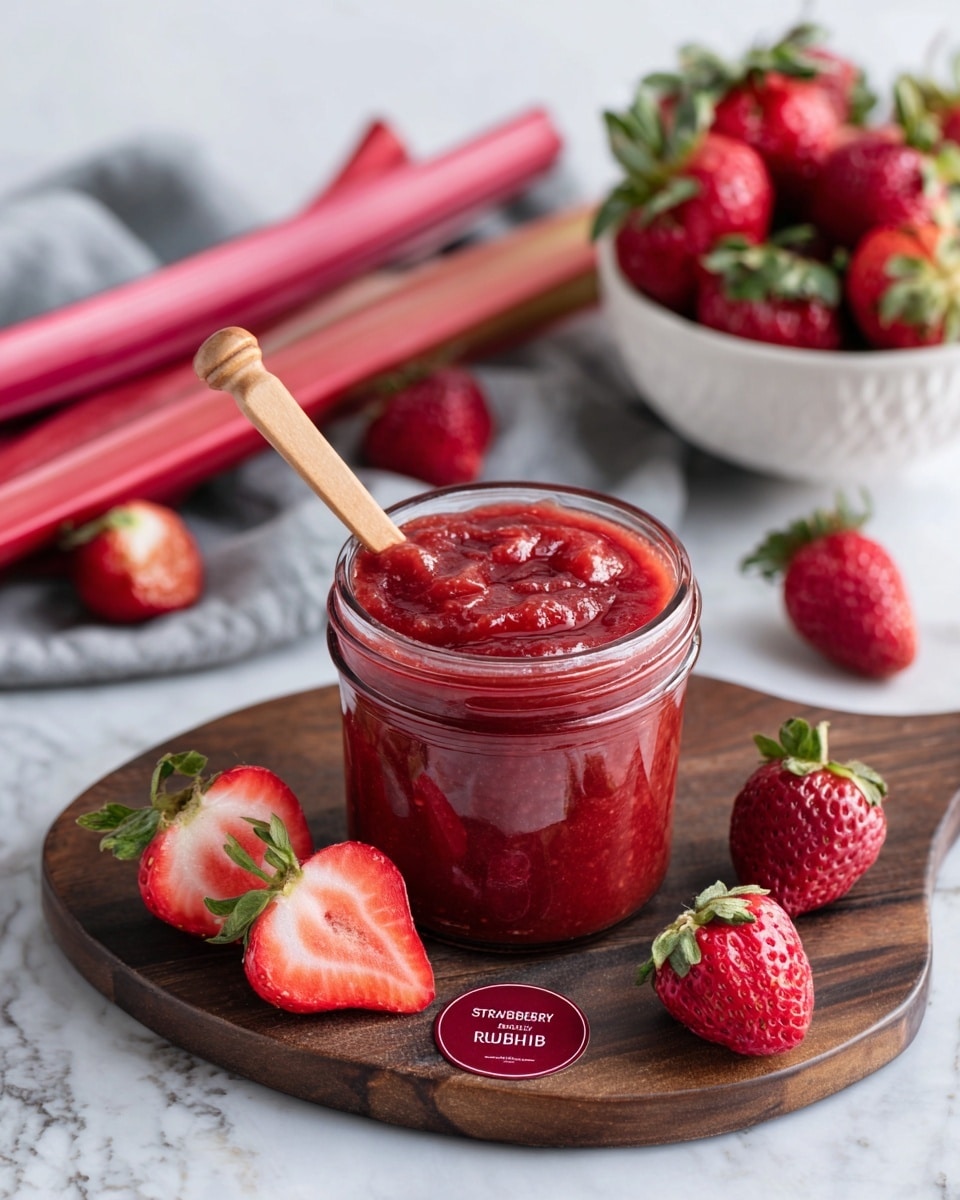 A clear glass jar filled with bright red strawberry rhubarb jam sits on a dark wooden board. The jam looks thick and smooth with a slightly shiny texture. In the jar, a small wooden spoon sticks out with some jam on it. Around the jar on the board, there are three fresh strawberries cut in half, showing their red juicy inside and green leaves on top. In the background, a small white bowl with red strawberries and some whole rhubarb stalks lay on a white marbled surface. A small round tag labeled