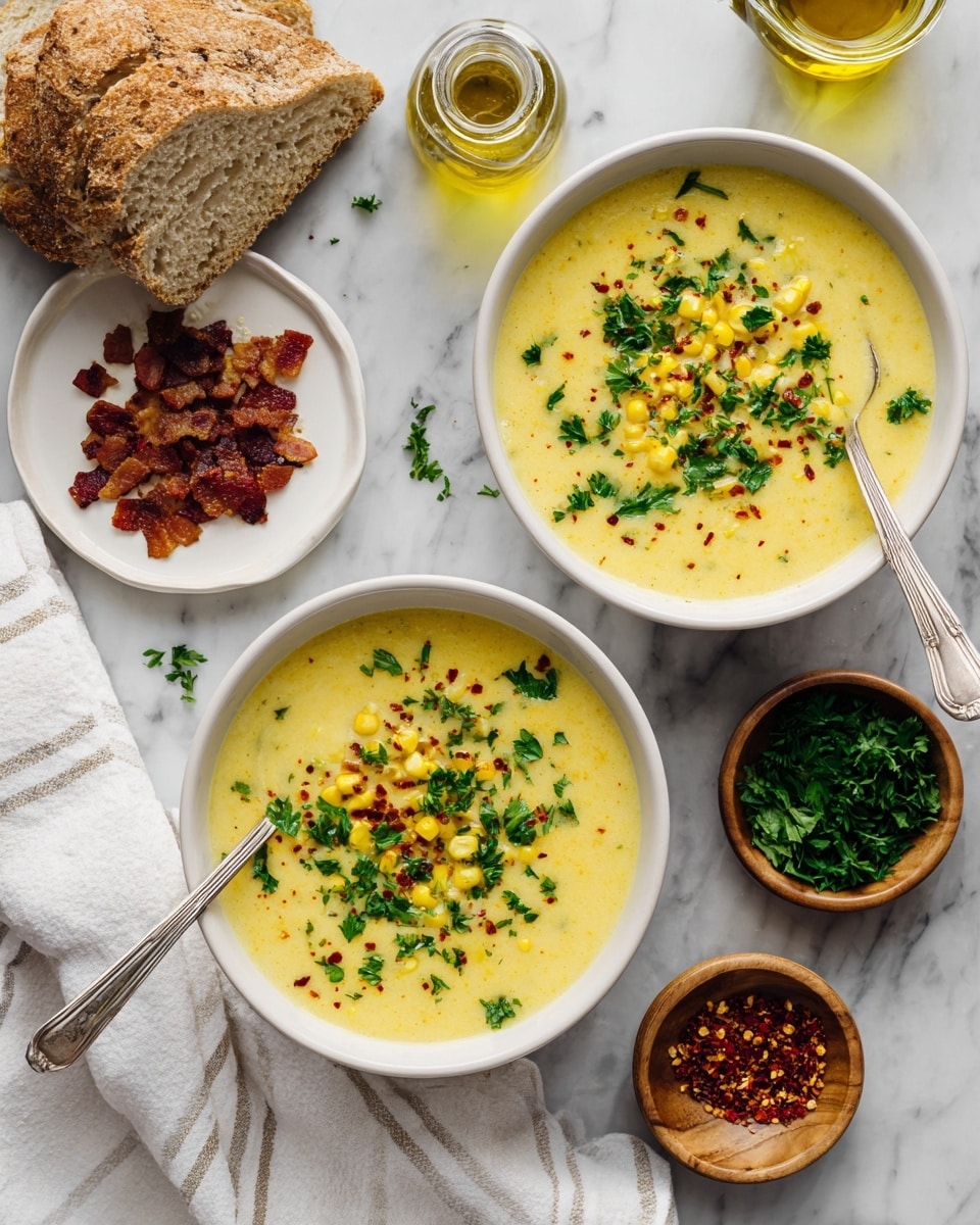 Two white bowls filled with creamy yellow corn soup, topped with bright green chopped parsley and small yellow corn pieces, with a light drizzle of oil and red chili flakes sprinkled on top. Each bowl has a spoon inside, resting gently within the soup. Surrounding them are a few small dishes: one white plate with crispy browned bacon bits, a small wooden bowl filled with fresh parsley, and a tiny wooden bowl holding red chili flakes. A piece of textured bread is placed on the white marbled surface near the bowls, next to a small glass jar of olive oil. The whole scene is set on a white marbled surface with a white striped cloth nearby, slightly folded. photo taken with an iphone --ar 4:5 --v 7