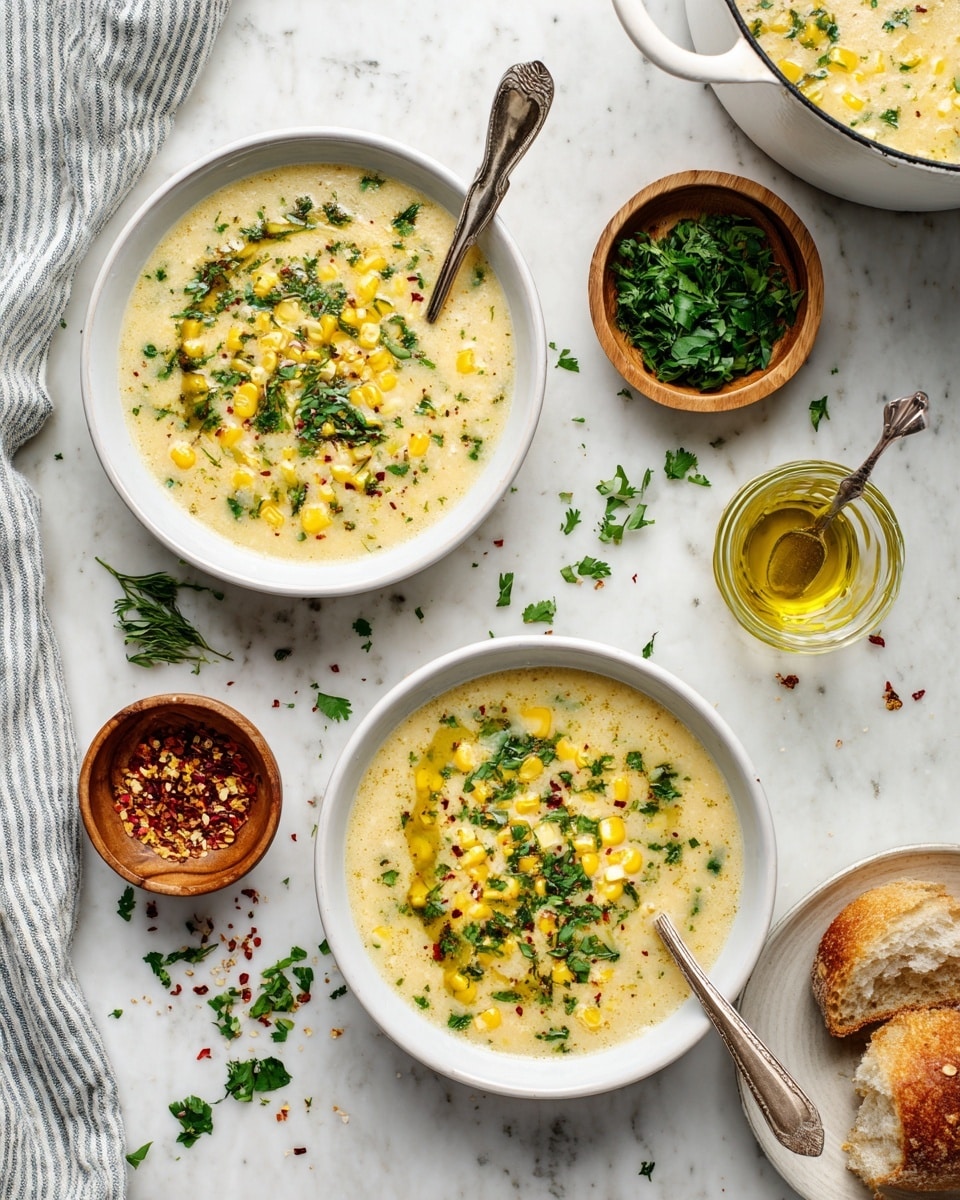 In the image, two white bowls are filled with creamy light beige soup with visible pieces of yellow corn and topped with green parsley and a sprinkle of red pepper flakes. Each bowl has a silver spoon resting inside. Surrounding the bowls on a white marbled texture surface are a chunk of bread, a white plate with crispy brown bits, a small wooden bowl filled with fresh green parsley, and a small wooden bowl with red pepper flakes. A small glass jar with golden oil is also nearby. A white lid marked