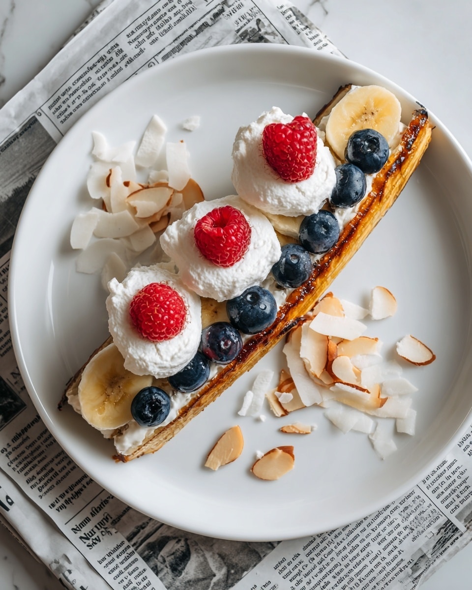 A white plate on a white marbled surface holds a dish with one caramelized banana at the bottom, golden brown and slightly shiny. Above the banana are two layers: a base layer of small dark blueberries and a thick layer of white whipped cream on top. Three bright red raspberries sit evenly on the whipped cream layer. The plate is garnished with scattered thin almond slices and coconut flakes around the edges. In the background, a white mug with a spoon and a white cup filled with red and blue berries are visible. Soft pastel-colored triangular flags hang on a white marbled wall in the blurred background. Photo taken with an iphone --ar 4:5 --v 7